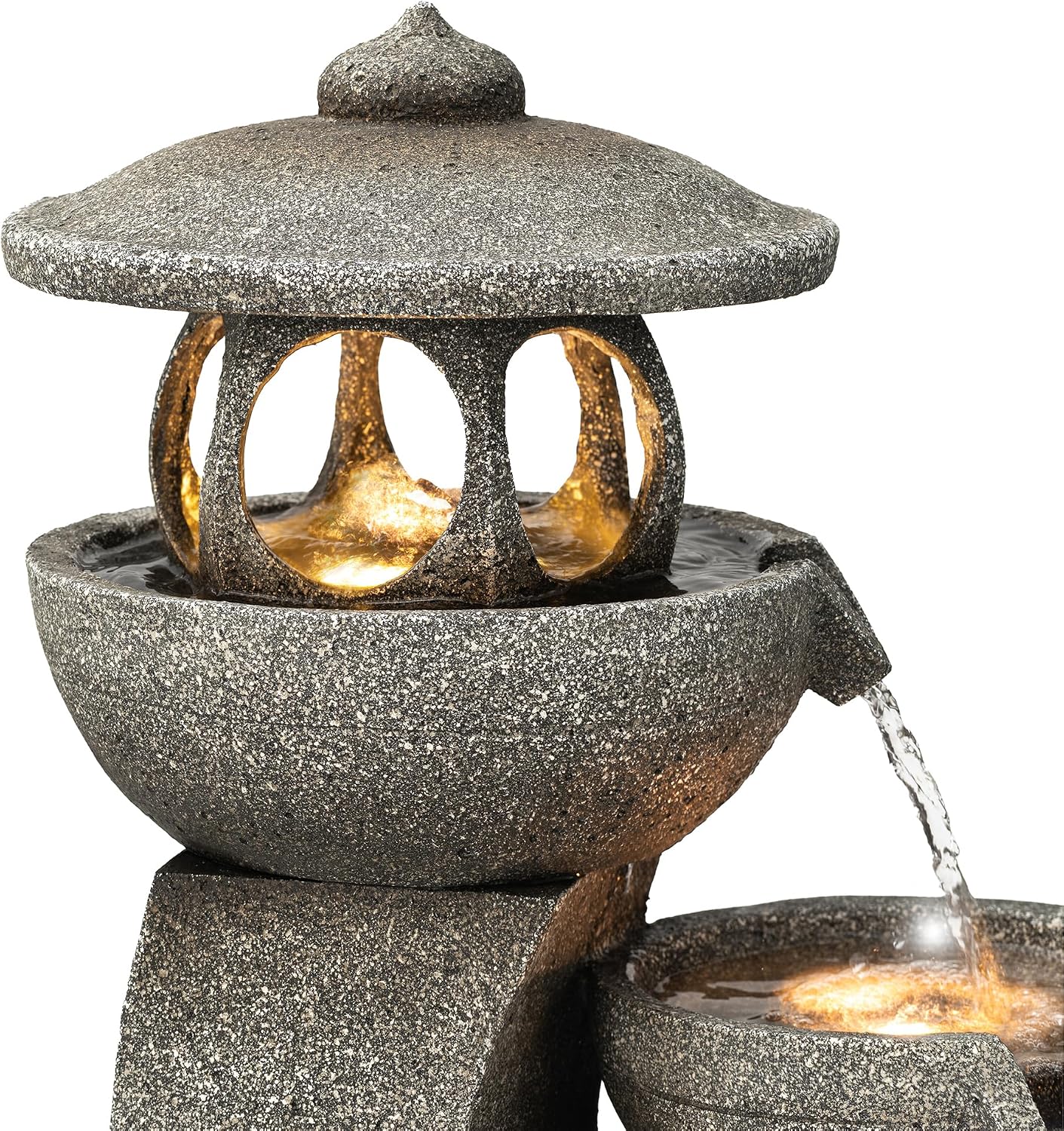 Glitzhome Pagoda Outdoor Water Fountain with LED Light, 4-Tier Oversized Cascading Stacked Stone Waterfall Fountains, Natural Stone Look Outdoor Fountain for Garden Patio Porch, 32'H