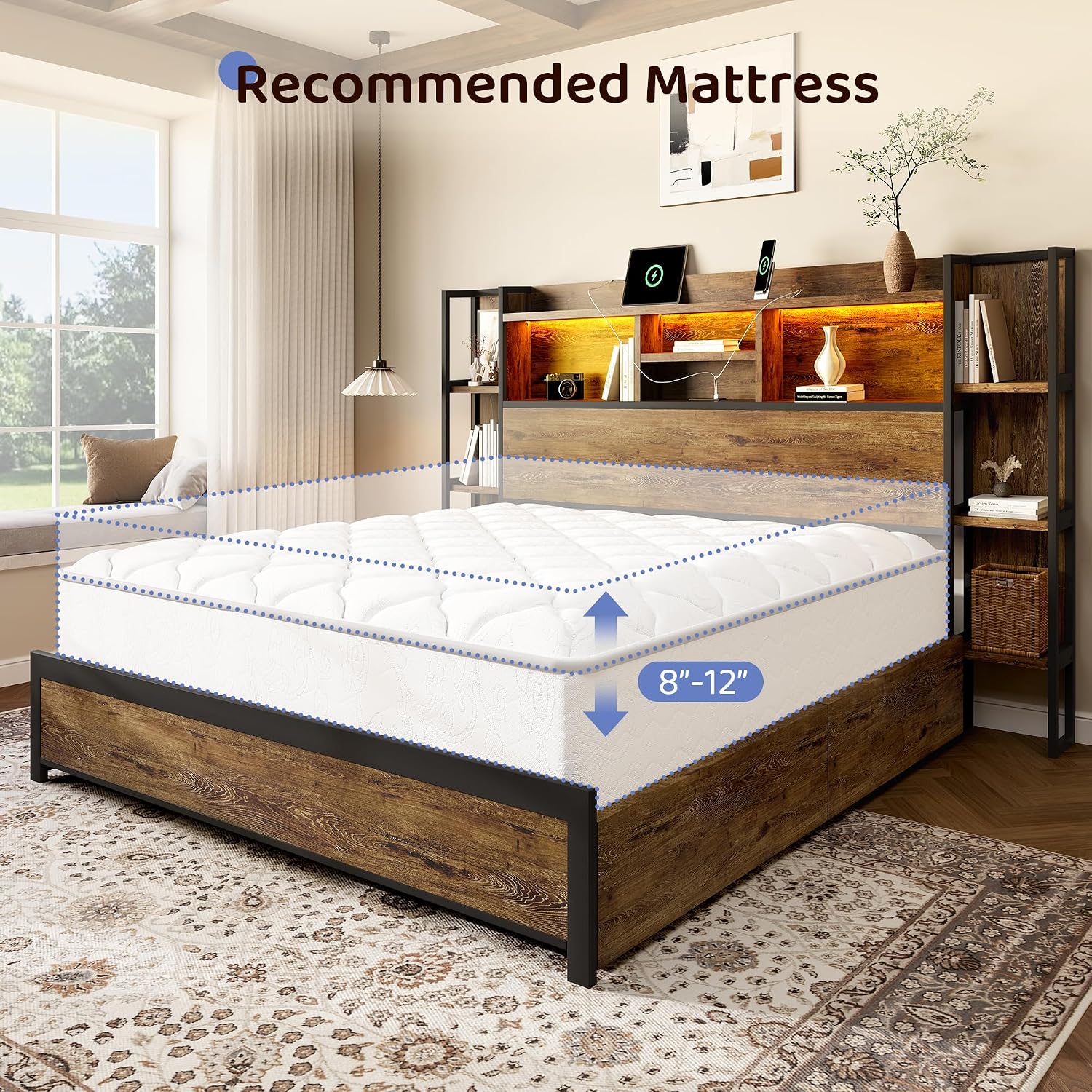 BRELTAM King Size Bed Frame with 4 Storage Drawers and Headboard Featuring Shelf Storage, Wooden Platform Bed Frame with LED Lights and Charging Station, Easy Assembly/No Box Spring Needed/Brown