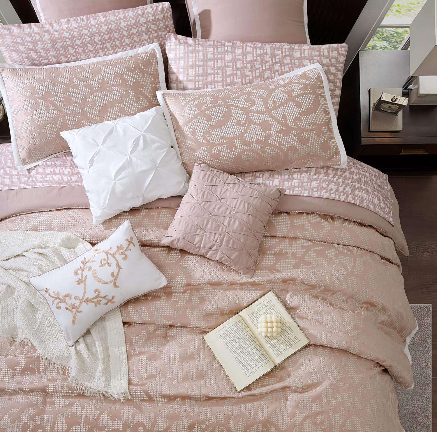 Stratford Park Blush Paisley Comforter Set Queen Size, 14 Piece, Jacquard Bedding Sets & Collections,1 Flat Sheet,1 Fitted Sheet, Pillow Shams Bedskirt