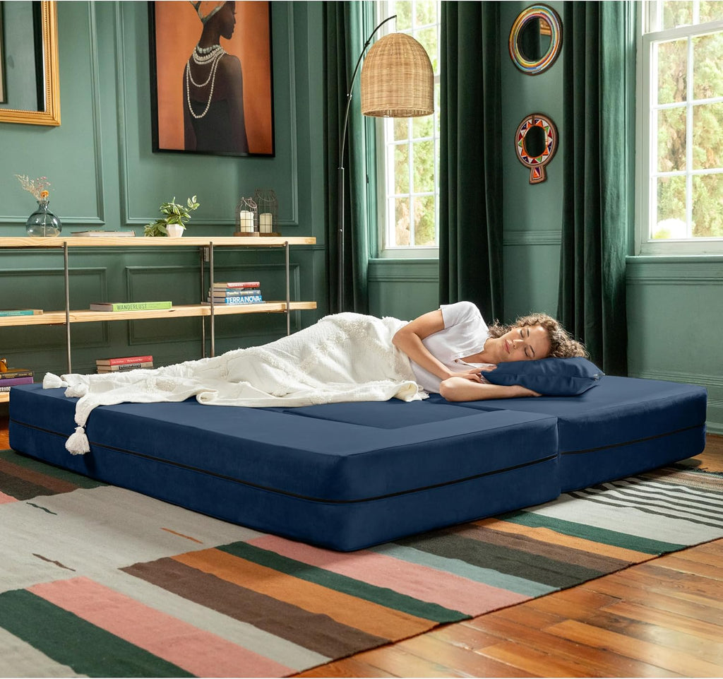 Jaxx Zipline Convertible Sleeper Sofa & Three Ottomans/California King-Size Bed, Textured Microvelvet - Indigo