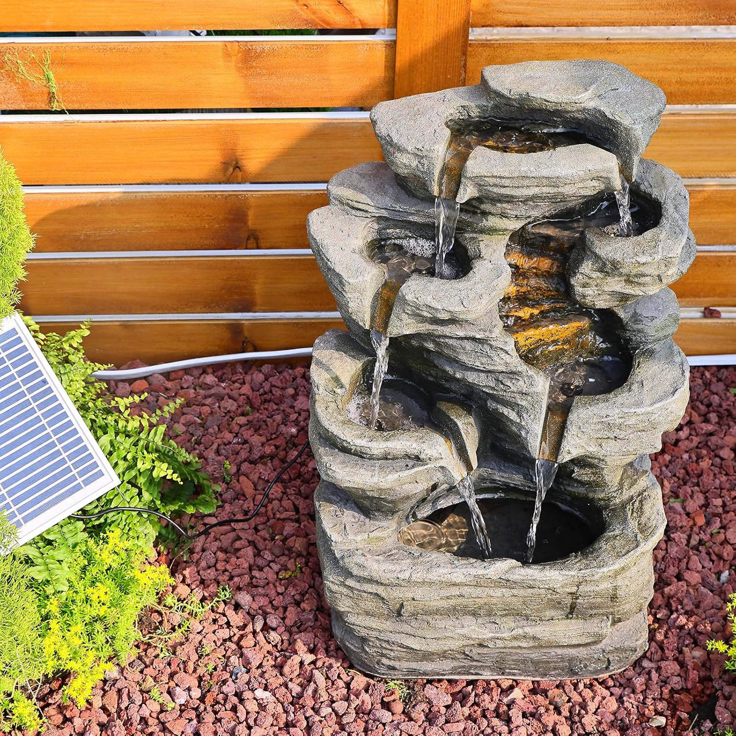 Bumilgar 6 Tier Cascading Rock Solar Water Fountain Outdoor Garden Waterfall Decor for Garden, Patio, Backyard, Deck, Porch and Home Art Decor,24.4' H Outdoor Fountain with LED Lights