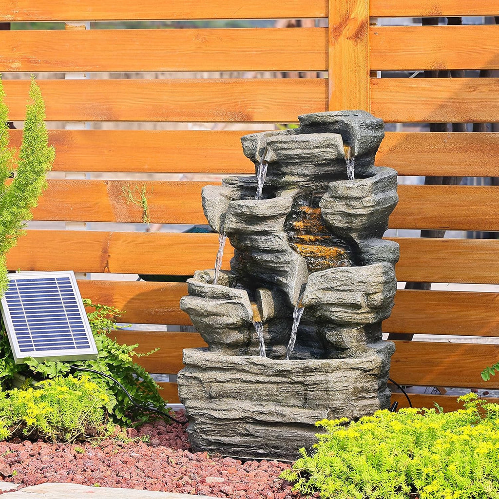 Bumilgar 6 Tier Cascading Rock Solar Water Fountain Outdoor Garden Waterfall Decor for Garden, Patio, Backyard, Deck, Porch and Home Art Decor,24.4' H Outdoor Fountain with LED Lights