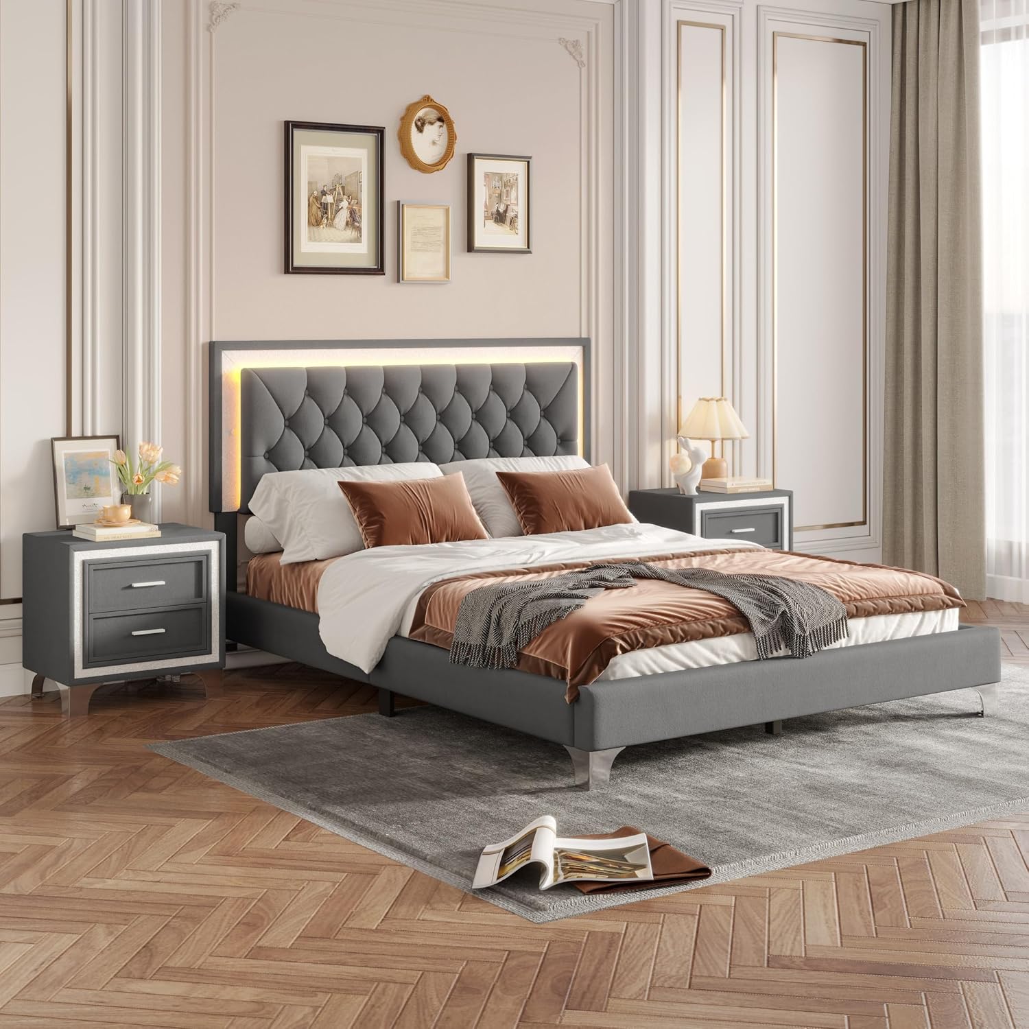 GDFStudio Homay 3-Piece Bedroom Sets, Queen Size Upholstered Platform Bed with Two Nightstands, Upholstered Velvet Bed Frame, Adjustable Headboard, Slat Support, No Spring Box Needed, 44-46'' H, Gray