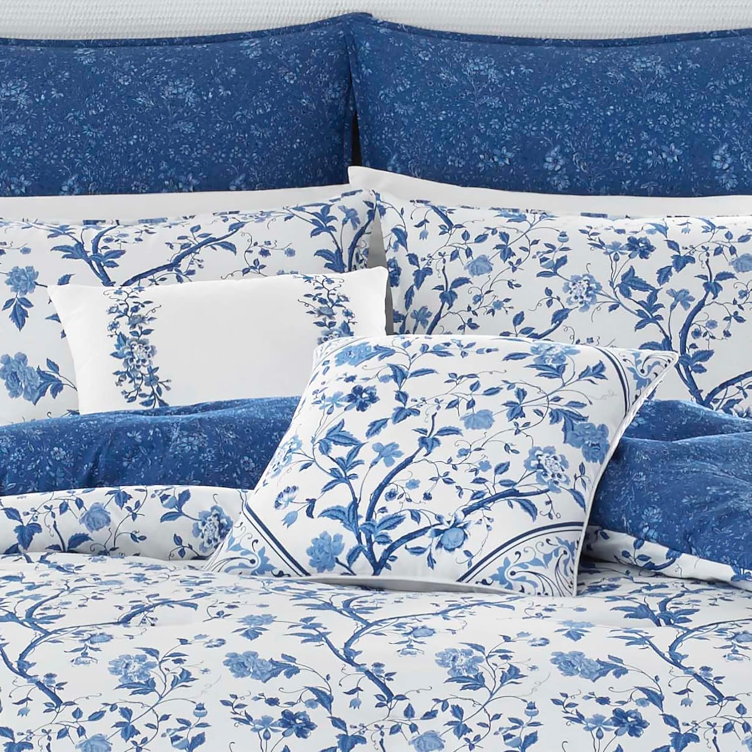 Laura Ashley Home - Twin Comforter Set, Reversible Cotton Bedding, Includes Matching Sham with Bonus Euro Sham & Throw Pillows (Elise Blue, Twin)