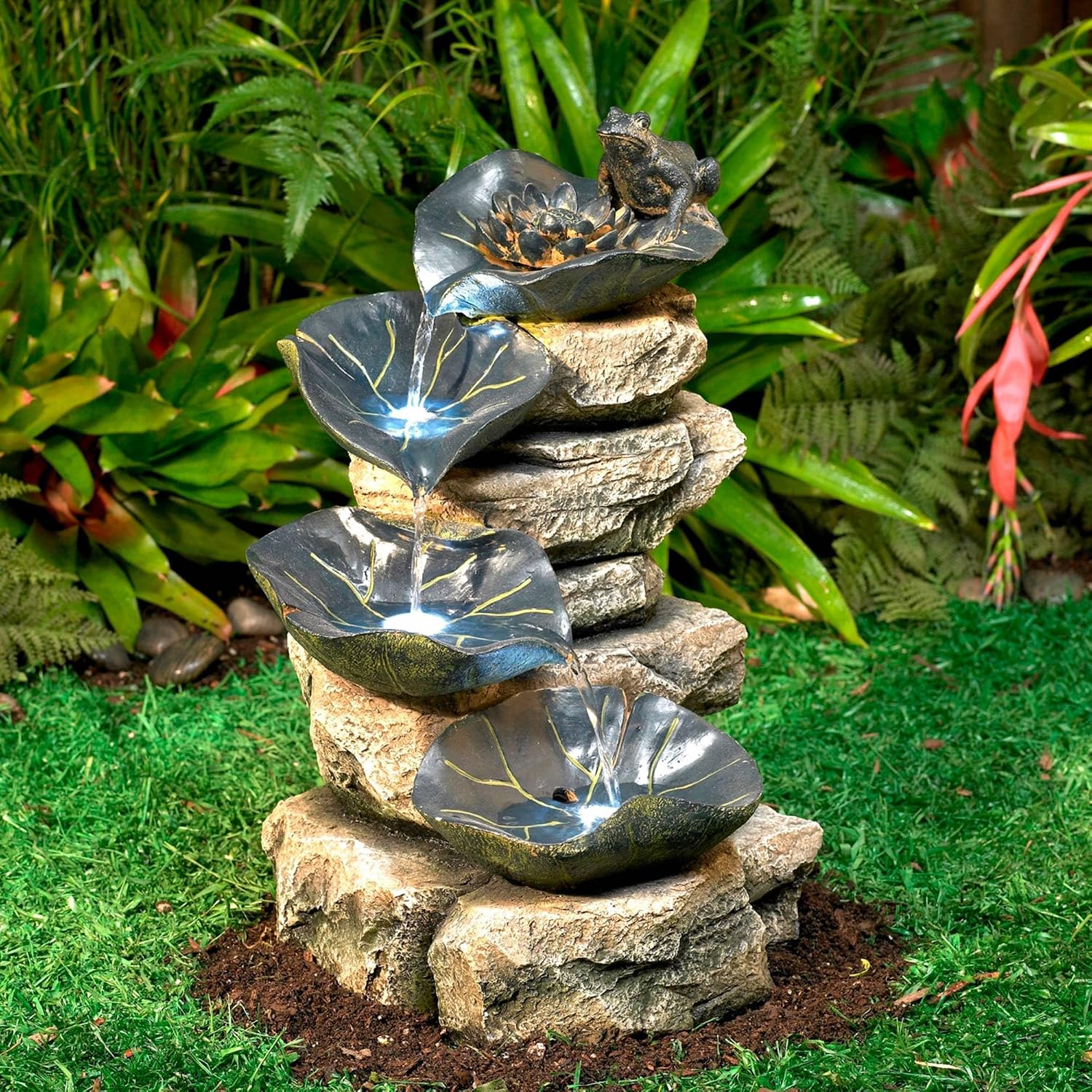 Frog and Four Lily Pad 21' High Large Rustic Indoor Outdoor Cottage Core Decor Faux Stone Floor Fountain with Light LED Standing Waterfall Water Feature for Outside Garden Patio Yard - John Timberland