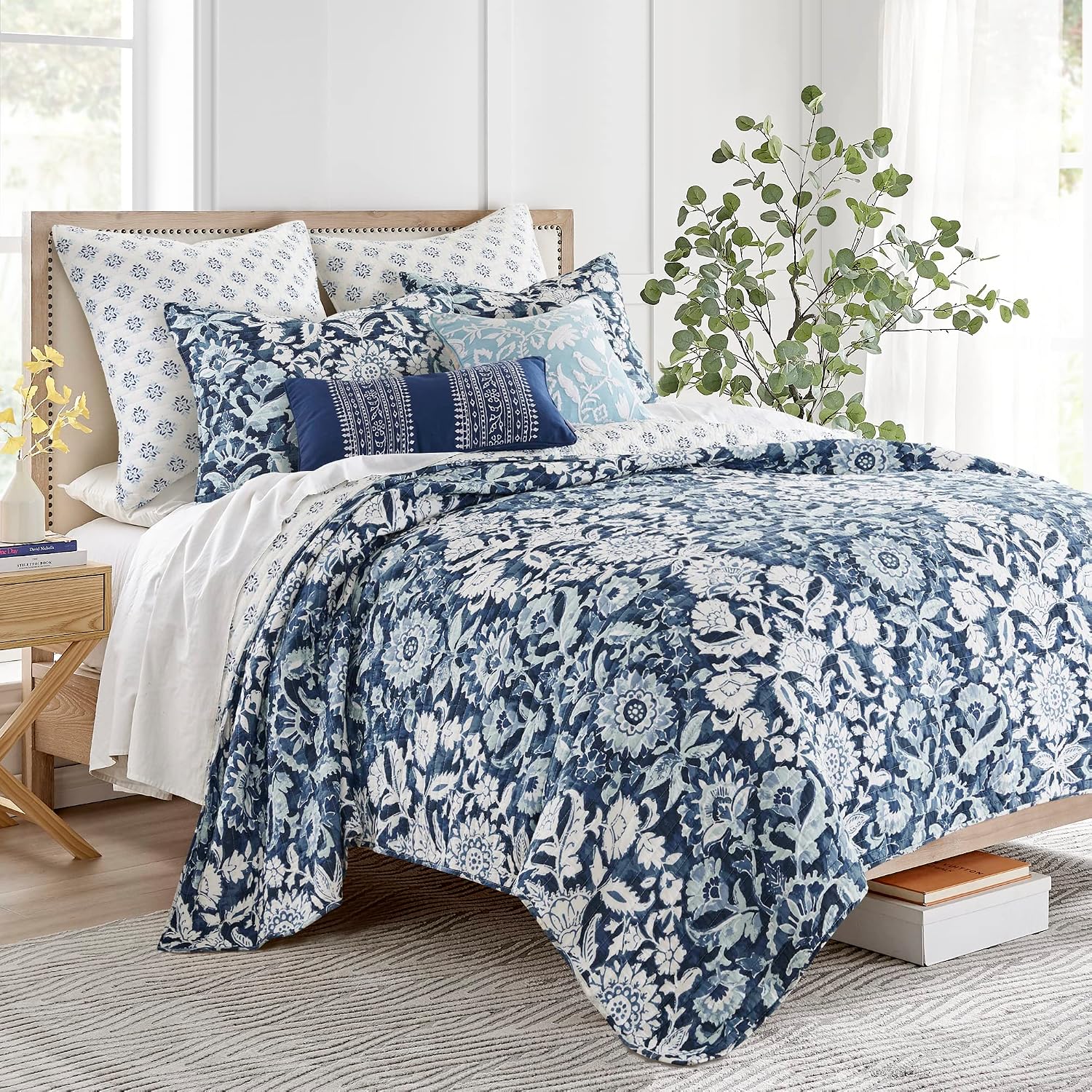 Levtex Home - Laure Indigo Quilt Set - Full/Queen Quilt and Two Standard Shams - Floral - Indigo, Blue and White - Quilt (88x92in.) and Shams (20x26in.) - Reversible - Cotton
