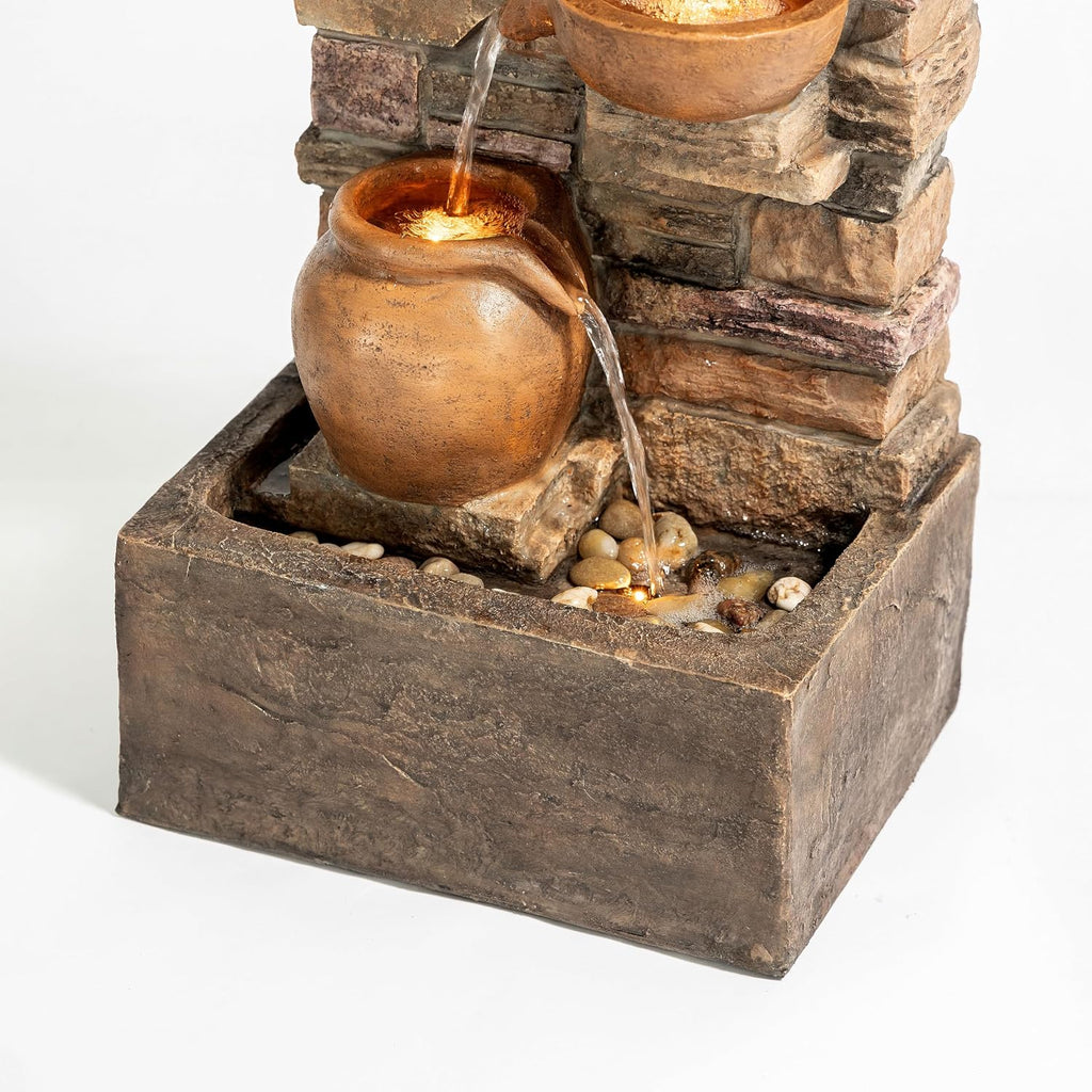 Teamson Home 28.5' Outdoor 4-Tier Stacked Stone Cascading Water Fountain with LED Lights, Brown