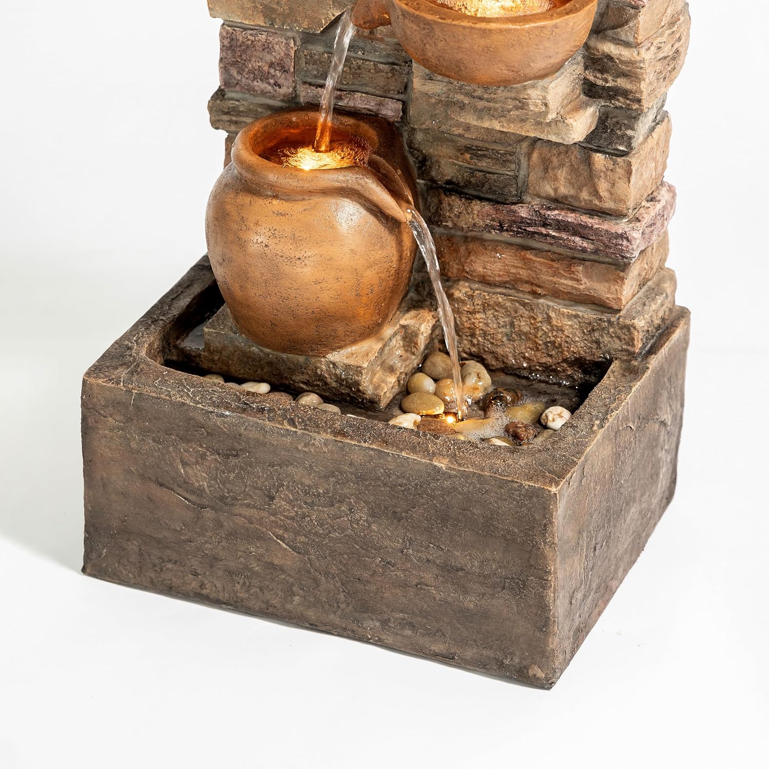 Teamson Home 28.5' Outdoor 4-Tier Stacked Stone Cascading Water Fountain with LED Lights, Brown