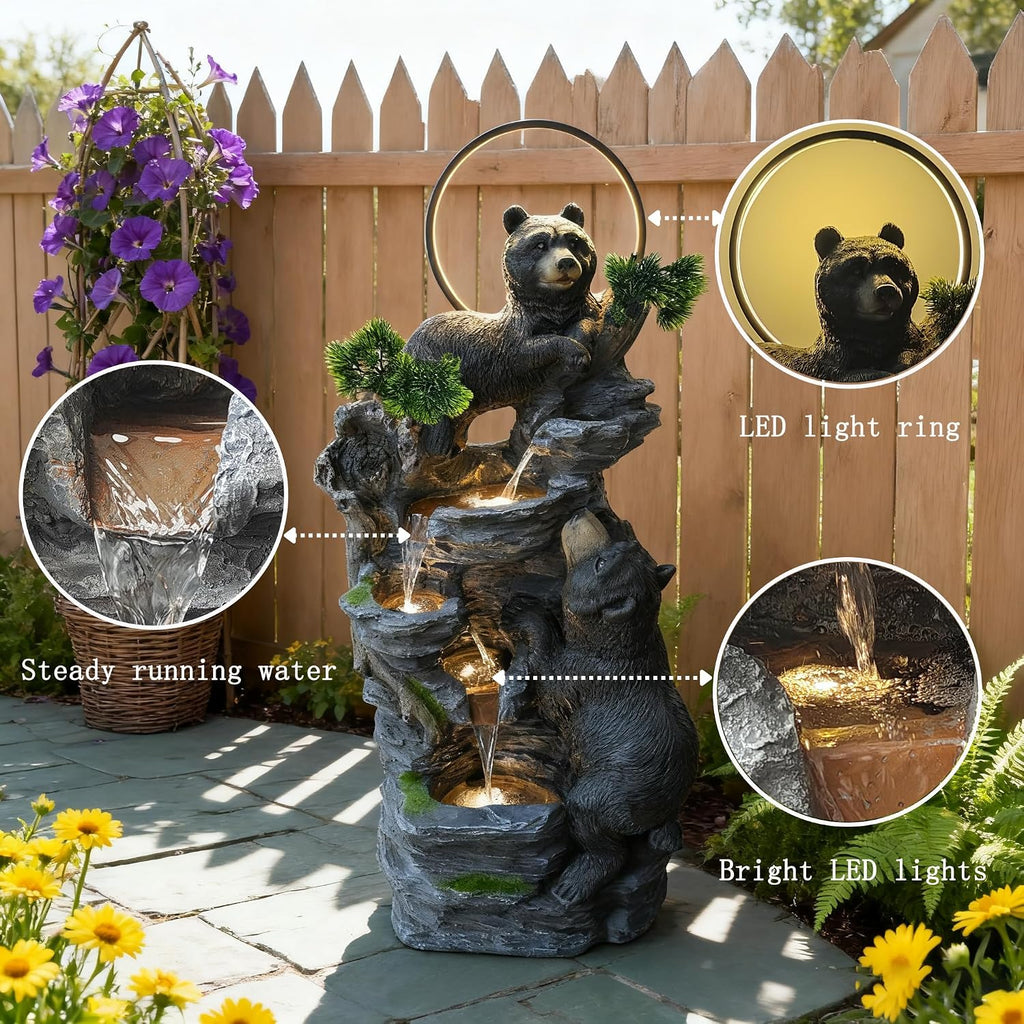 39.3' H Bear Outdoor Fountain with LED Lights and Five Tiered Waterfall Water Features,Suitable for Courtyard,Gardenand Indoor Decoration
