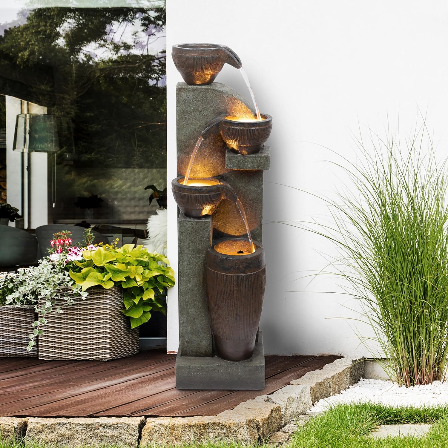 Alpine Corporation 40' Tall Indoor/Outdoor 4-Tier Fountain with LED Lights, Cascading Pot and Bowl Water Feature, Elegant Waterfall for Garden, Patio & Home, Brown
