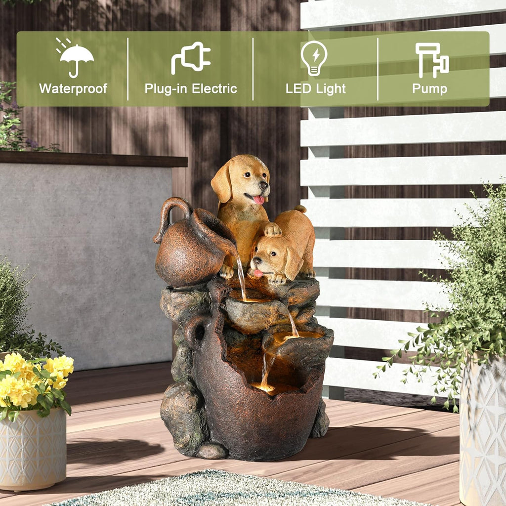 LuxenHome Outdoor Water Fountain, 25 Inch Puppy and Pitchers Pot Resin Water Fountains Indoor with LED Lights, Farmhouse Waterfall Outdoor, Indoor Fountains and Waterfalls for Patio, Garden Decor