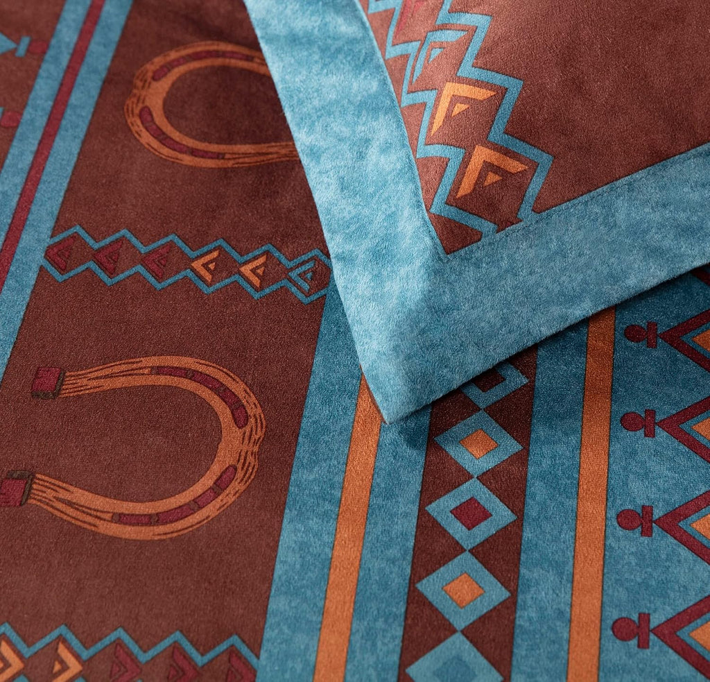 Chezmoi Collection Sedona 7-Piece Southwestern Wild Horses Microsuede Bedding Comforter Set, Queen, Turquoise Blue