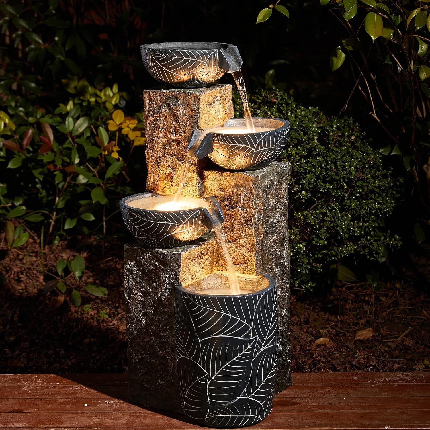 Glitzhome 32.75' H Outdoor Garden Water Fountain with LED Lights and Pump, Natural Leaf Textured 4-Tier Resin Cascading Floor-Standing Fountain for Porch Deck Patio Backyard Decoration