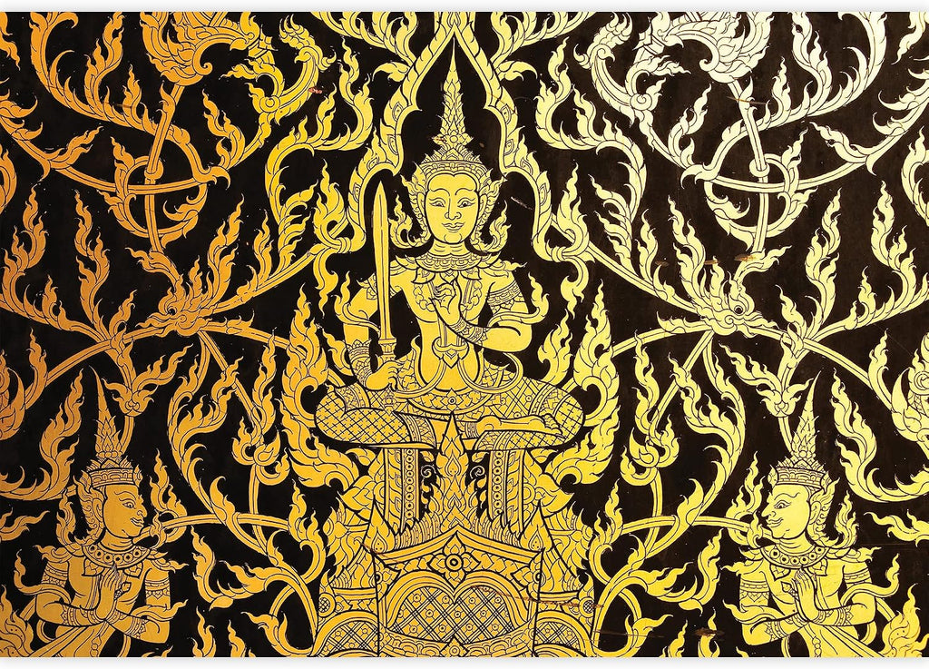 wall26 Black and Gold Traditional Thai Temple Painting - Ornate Wall Decoration Wall Mural, Removable Sticker, Home Decor - 100x144 inches