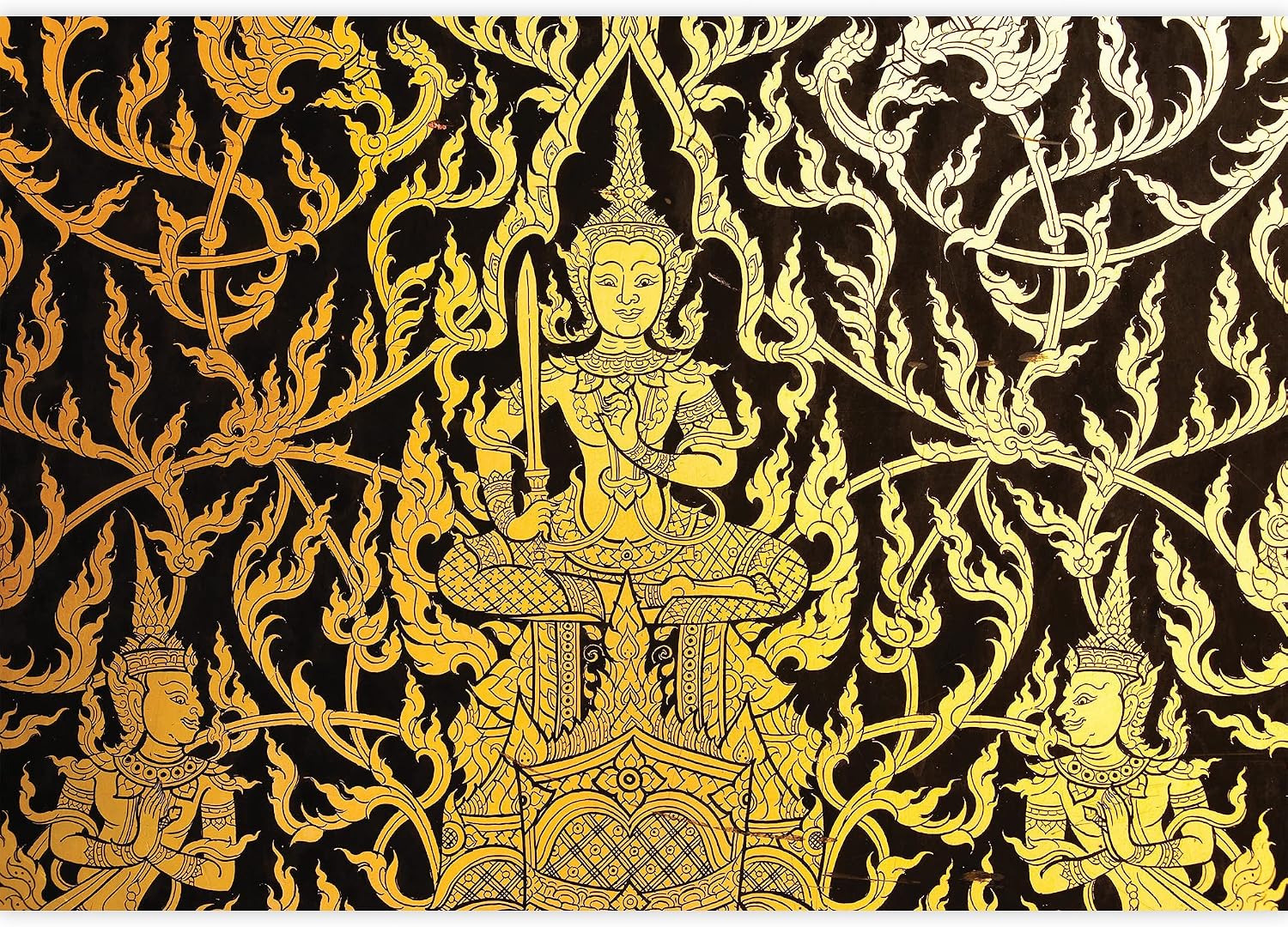 wall26 Black and Gold Traditional Thai Temple Painting - Ornate Wall Decoration Wall Mural, Removable Sticker, Home Decor - 100x144 inches