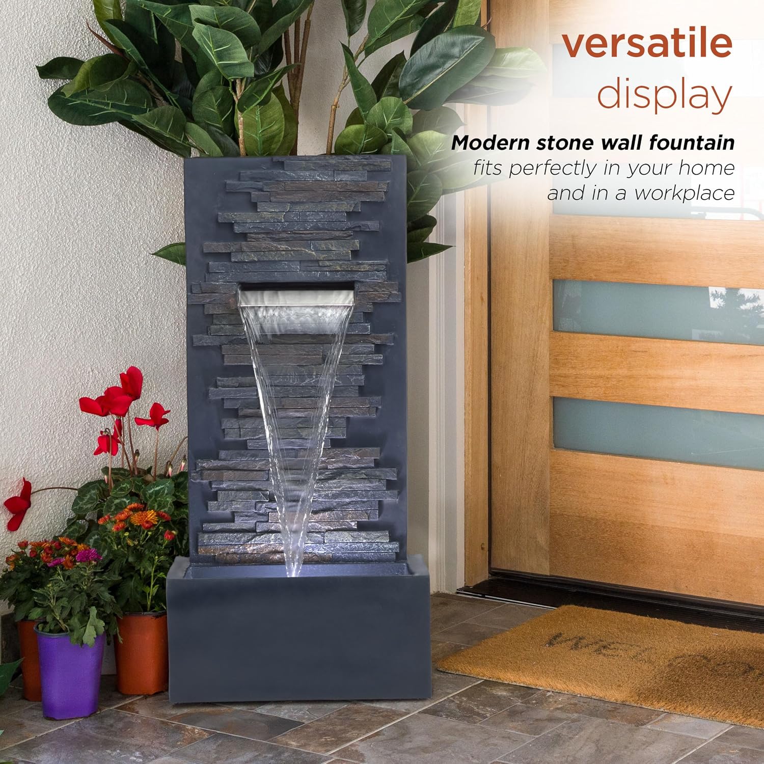 Alpine Corporation 32' Cascading Stone Wall Fountain with LED Lights – Outdoor Water Feature for Garden, Patio, Backyard & Home Decor, Gray