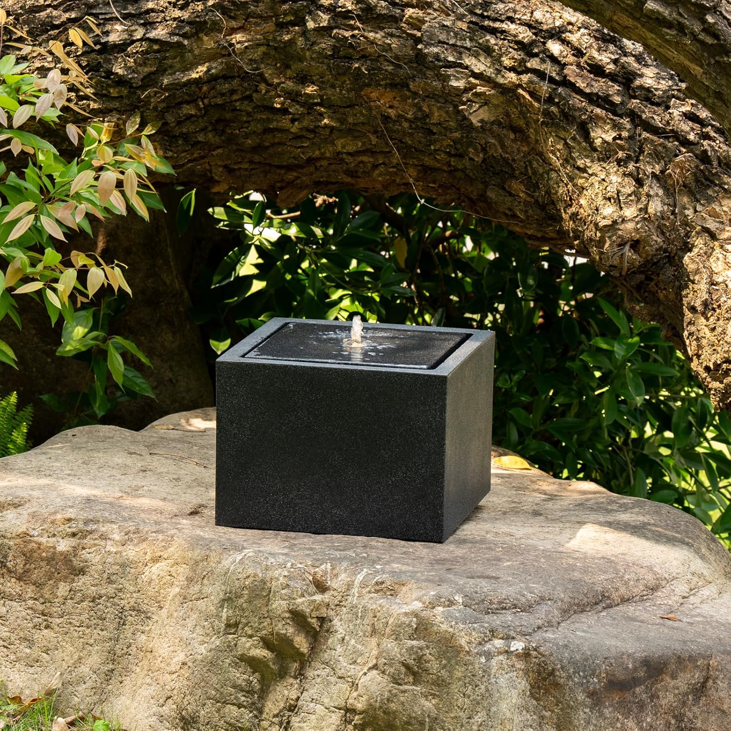 12.79' H Outdoor Water Fountain Made with Eco-Friendly Recyclable Materials, Polyethylene Square Bubbler Outdoor Fountain, Garden Decor with LED Light for Patio, Porch, Backyard