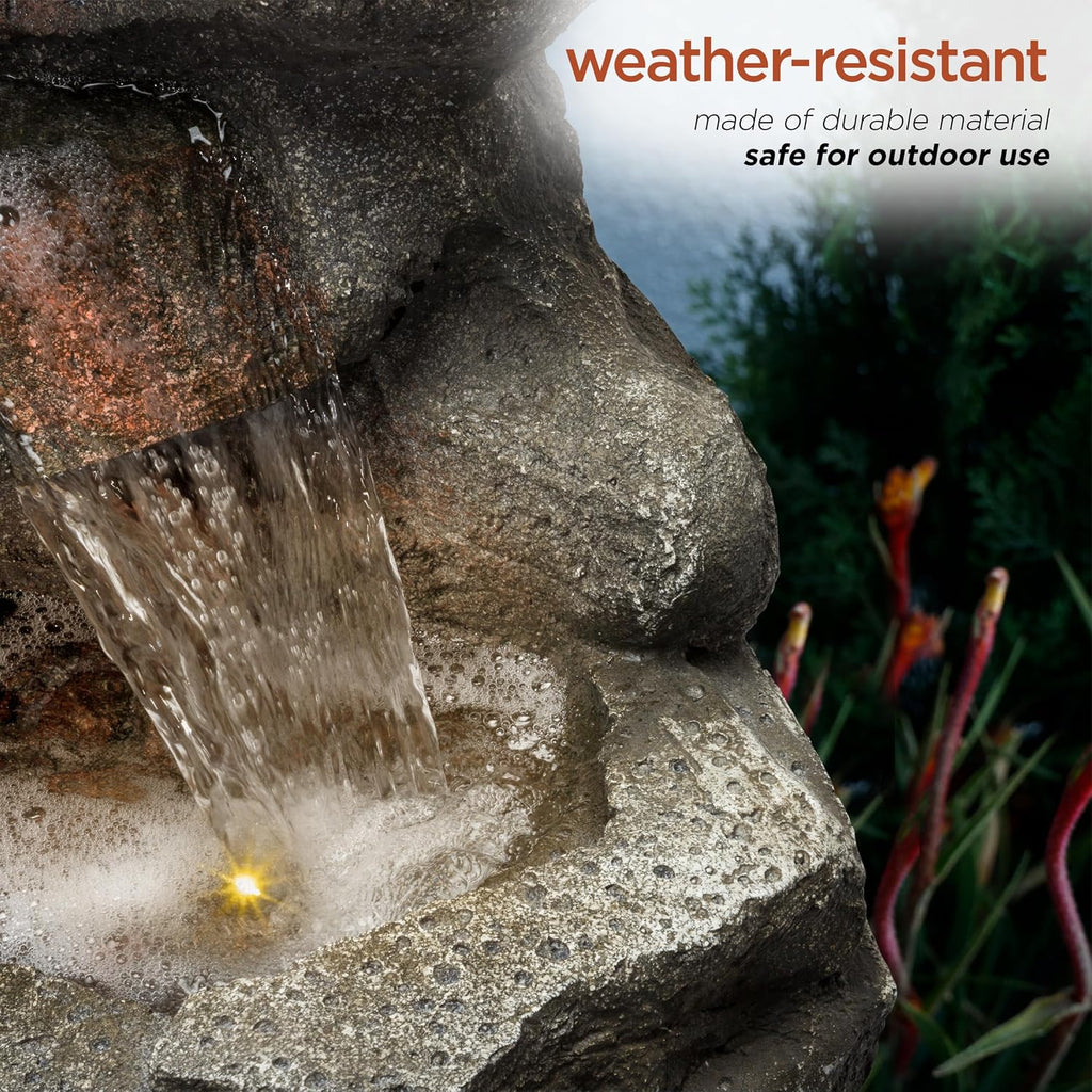 Alpine Corporation 40' Tall Outdoor Multitiered Rock Waterfall Floor Fountain with LED Lights, Natural Stone Look, Cascading Water Feature for Gardens, Patios, and Yards, Gray