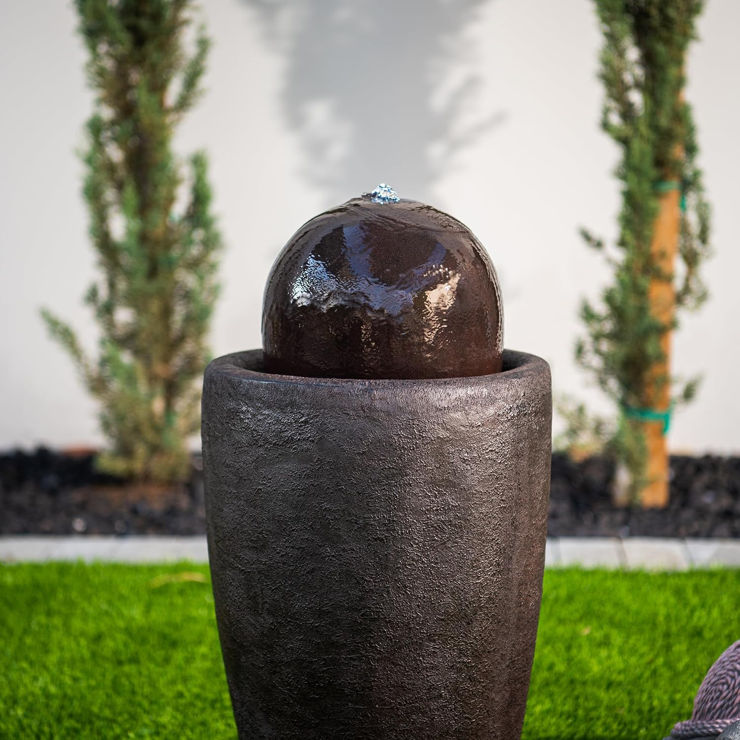 XBrand 25.98' H Black Round Stone Indoor/Outdoor Modern Sphere Water Fountain with LED Lights – Ball Bubbling Fountain Décor for Garden, Patio, or Tabletop
