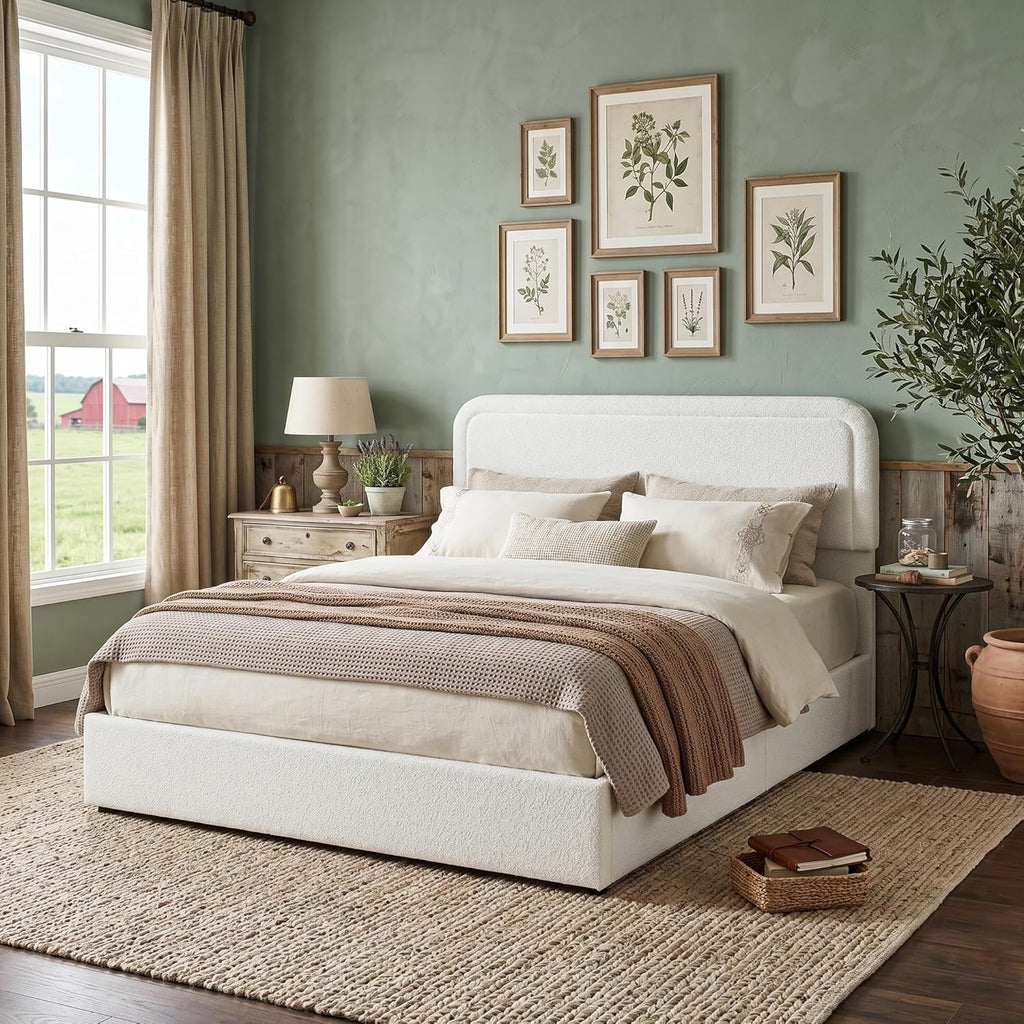 Queen Size Ivory Boucle Upholstered Platform Bed Frame with 4 Storage Drawers, Adjustable Curved Tufted Headboard, Heavy Duty Metal Frame (Boucle, Curved Headboard, Ivory, 4 Drawers)
