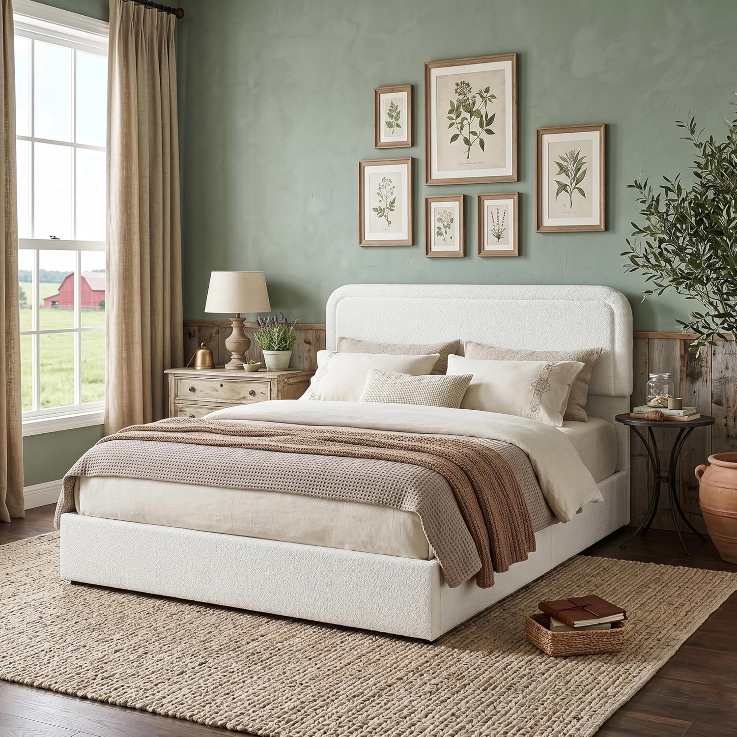 Queen Size Ivory Boucle Upholstered Platform Bed Frame with 4 Storage Drawers, Adjustable Curved Tufted Headboard, Heavy Duty Metal Frame (Boucle, Curved Headboard, Ivory, 4 Drawers)