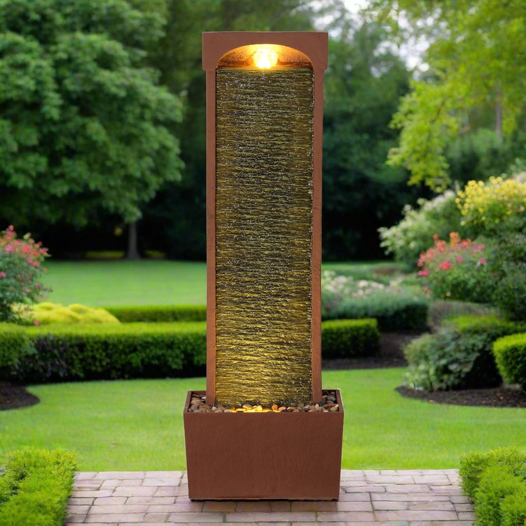 Teamson Home 38.5' Indoor/Outdoor Modern Curved Faux Slate Waterfall Fountain with LED Lights, Red Rock