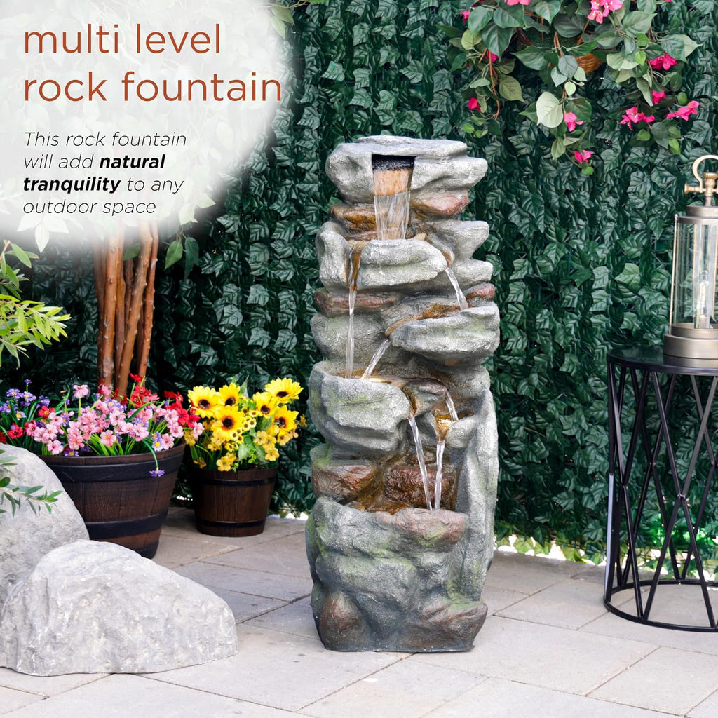Alpine Corporation 39' Tall Outdoor Mult-itiered Elegant Rock Look Waterfalls Floor Fountain with LED Lights, Gray