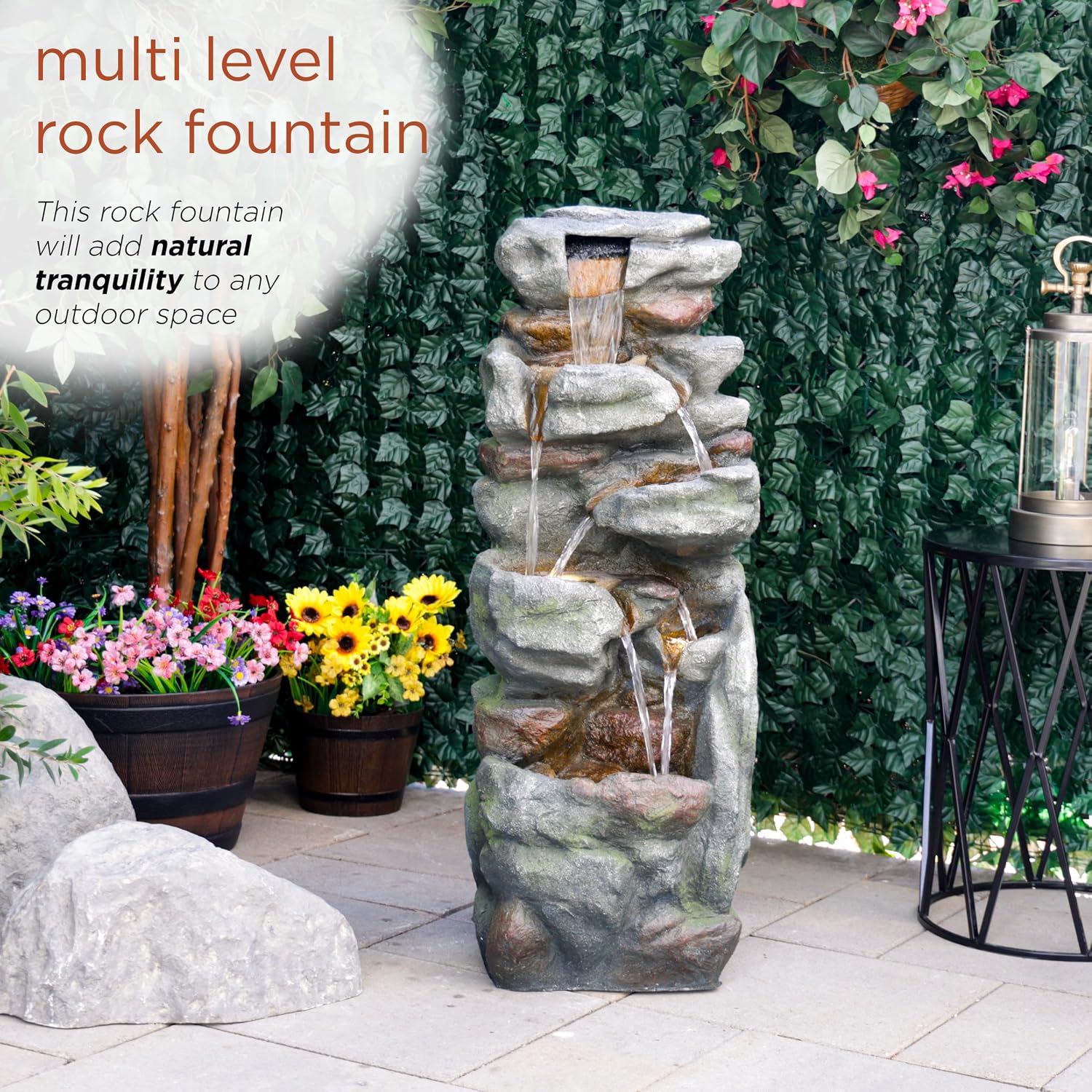 Alpine Corporation 39' Tall Outdoor Mult-itiered Elegant Rock Look Waterfalls Floor Fountain with LED Lights, Gray