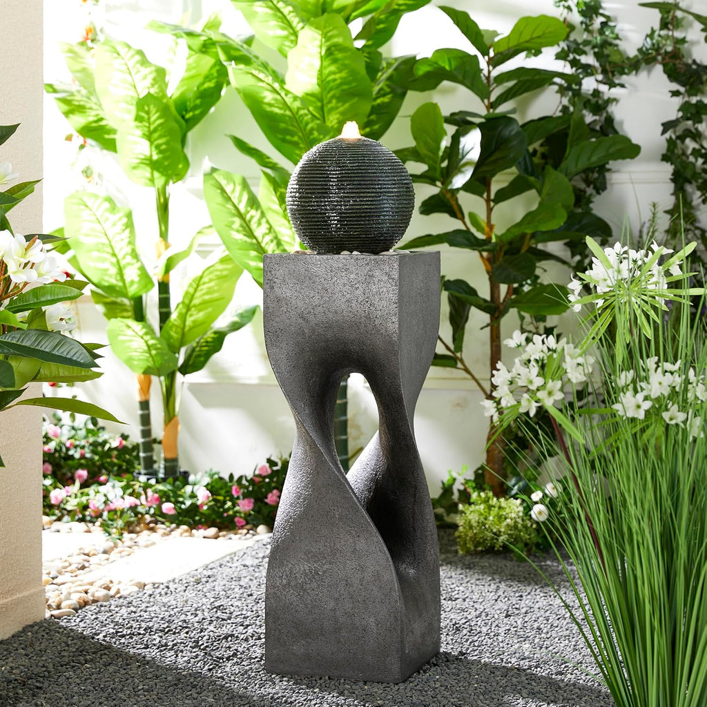 Glitzhome Modern Geometric Outdoor Water Fountain with LED Light, Oversized Pedestal Water Fountains with Submersible Pump, Sphere Floor Standing Fountain with Pebbles for Garden Patio Decor, 40.5'H