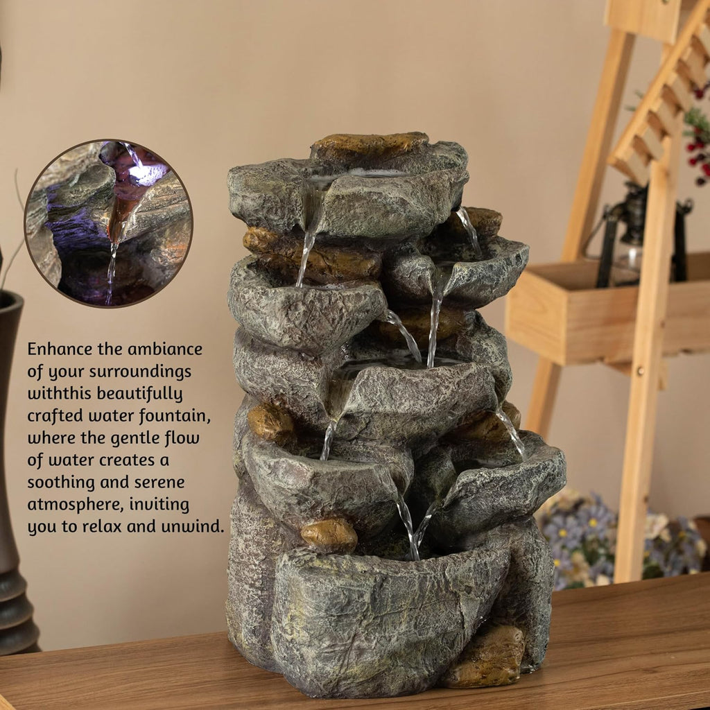 Cascading Electric Powered 8-Tier Rock Water Fountain with LED Lights 18.5' for Indoor and Outdoor Use