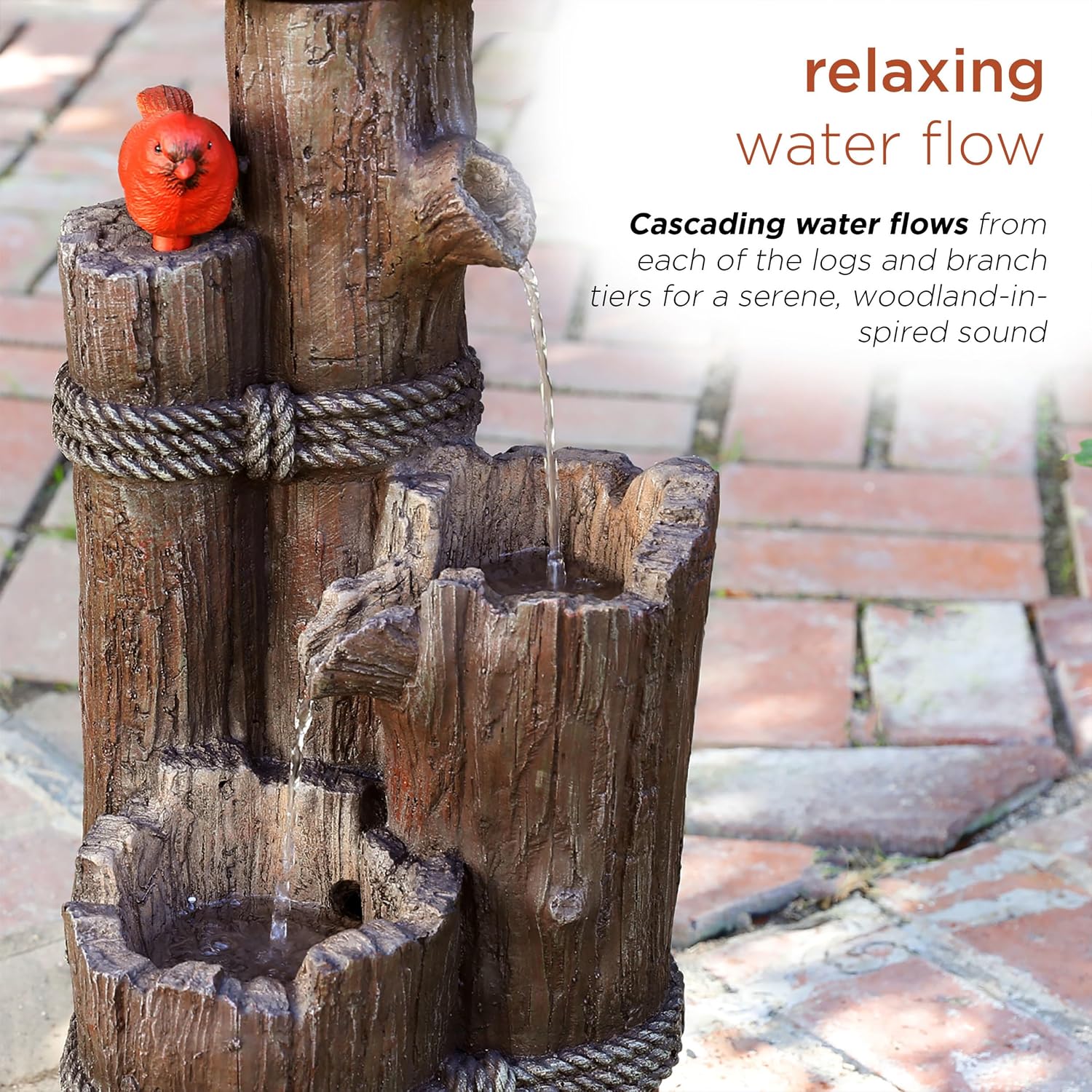 Alpine Corporation 35' Tall Outdoor 3-Tier Birdhouse Water Fountain with Cardinal Accent, Rustic Floor Decor for Garden and Patio, Brown