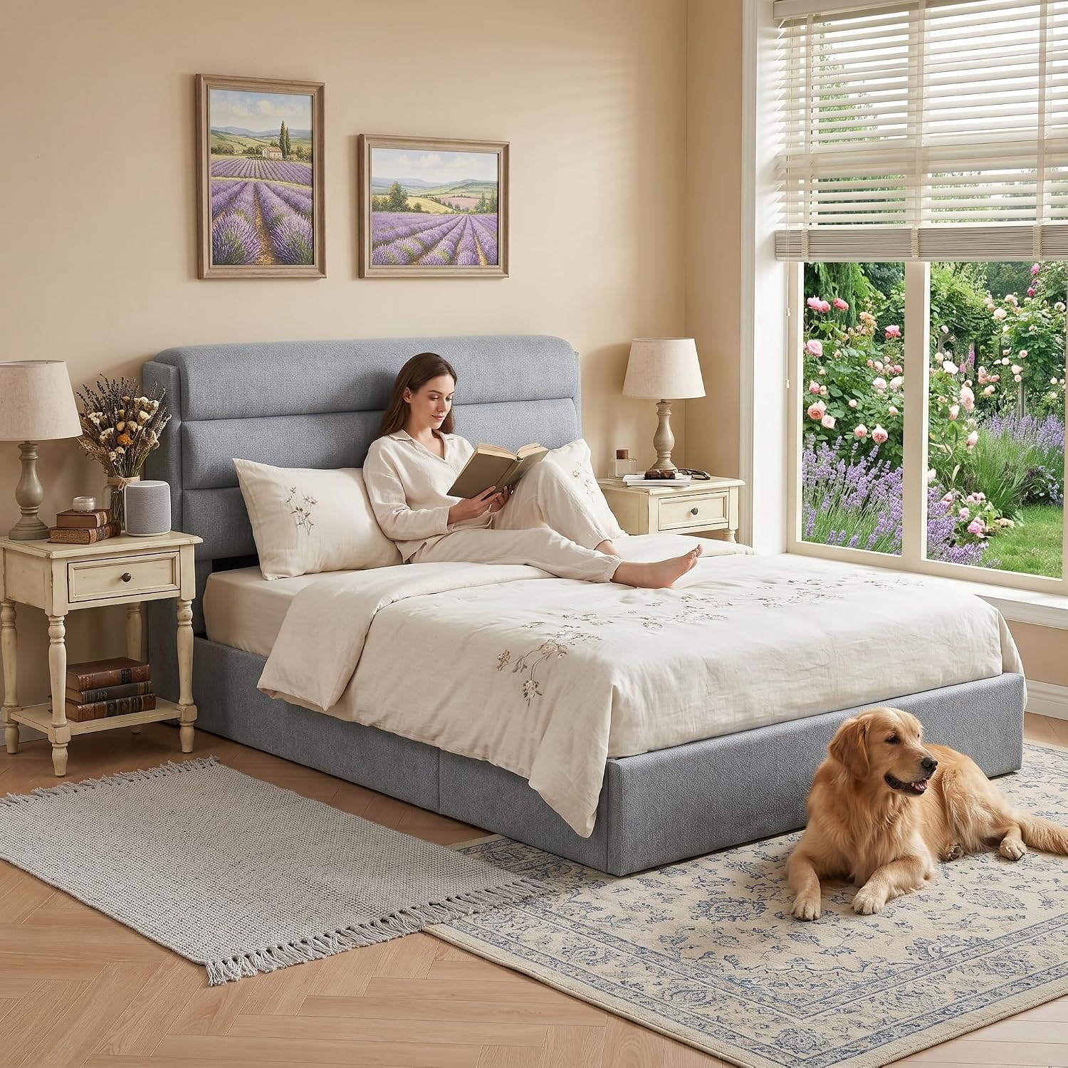 Lift Up Storage Bed Queen Size, Linen Upholstered Platform Bed with Hydraulic System & Wood Slats Support, Queen Bed Frame with 3-Panel Headboard, No Box Spring Needed, Easy Assembly, Baby Blue