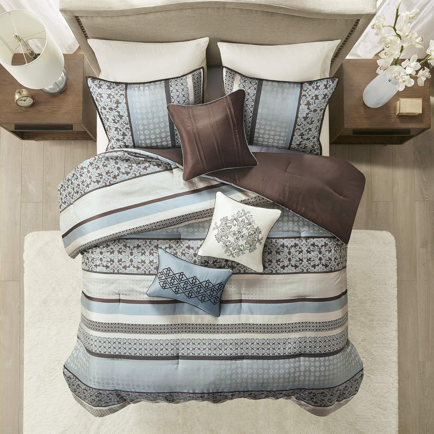 Madison Park Princeton Cozy Comforter Set - Luxurious Jaquard Traditional Damask Design, All Season Down Alternative Bedding with Matching Shams, Decorative Pillow, Cal King(104'x92'), Blue 7 Piece