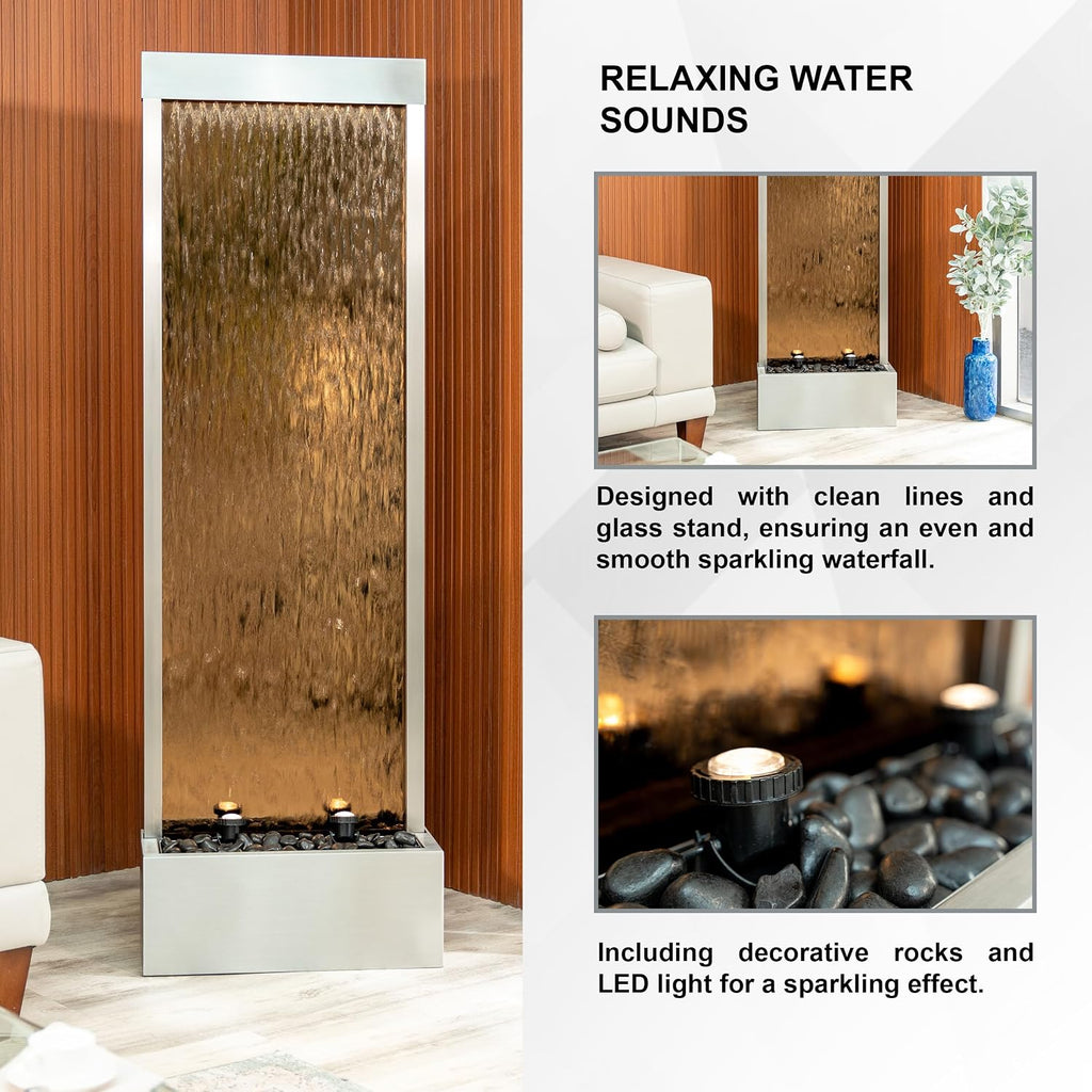 Xbrand Fountain 68' Freestanding Modern Indoor/Outdoor Waterfall Fountain w/Decorative Rocks, LED Lights & Auto-Shut Off Pump, Silver Frame and Brown Glass