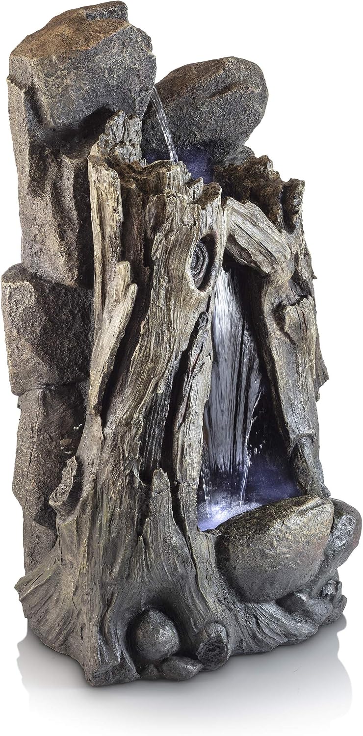Alpine Corporation WIN270 52' Outdoor Rainforest Waterfall Tree Trunk Fountain with LED Lights, Cascading Water Feature for Garden, Patio, Backyard & Landscape Décor, Rustic, Brown