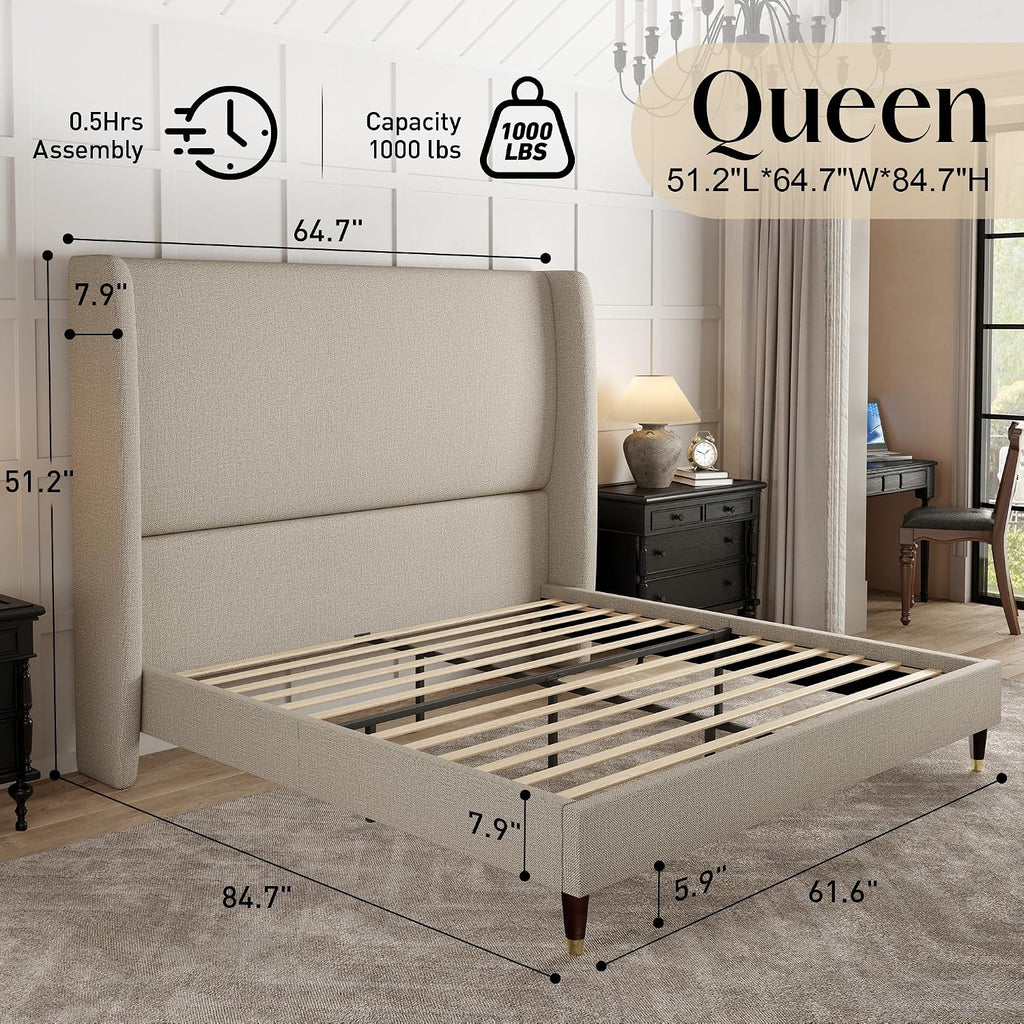 PaPaJet Queen Bed Frame with 51.2' Tall Wingback Headboard,Line Upholstered Platform Bed,Solid Wood Legs,No Box Spring Needed,Noise-Free&Easy Assembly,for Couples, Guest Room, Apartment,Light Khaki