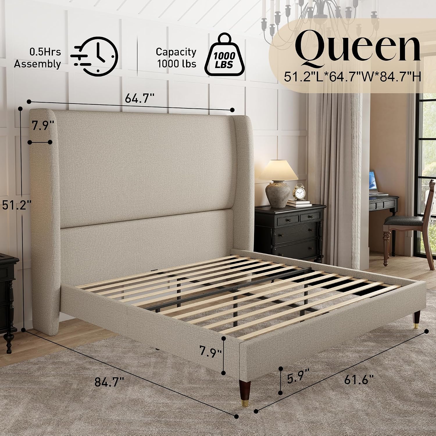 PaPaJet Queen Bed Frame with 51.2' Tall Wingback Headboard,Line Upholstered Platform Bed,Solid Wood Legs,No Box Spring Needed,Noise-Free&Easy Assembly,for Couples, Guest Room, Apartment,Light Khaki
