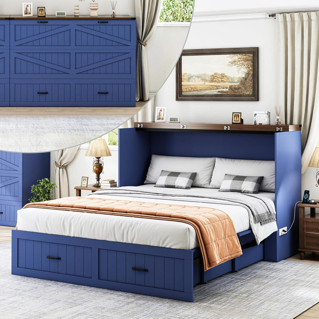 Queen Size Murphy Bed with Charging Station and Large Drawer, Farmhouse Cabinet Bed with Storage, Multifunctional Wood Hidden Folding Bed Frame for Bedroom, Blue