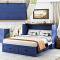 Queen Size Murphy Bed with Charging Station and Large Drawer, Farmhouse Cabinet Bed with Storage, Multifunctional Wood Hidden Folding Bed Frame for Bedroom, Blue