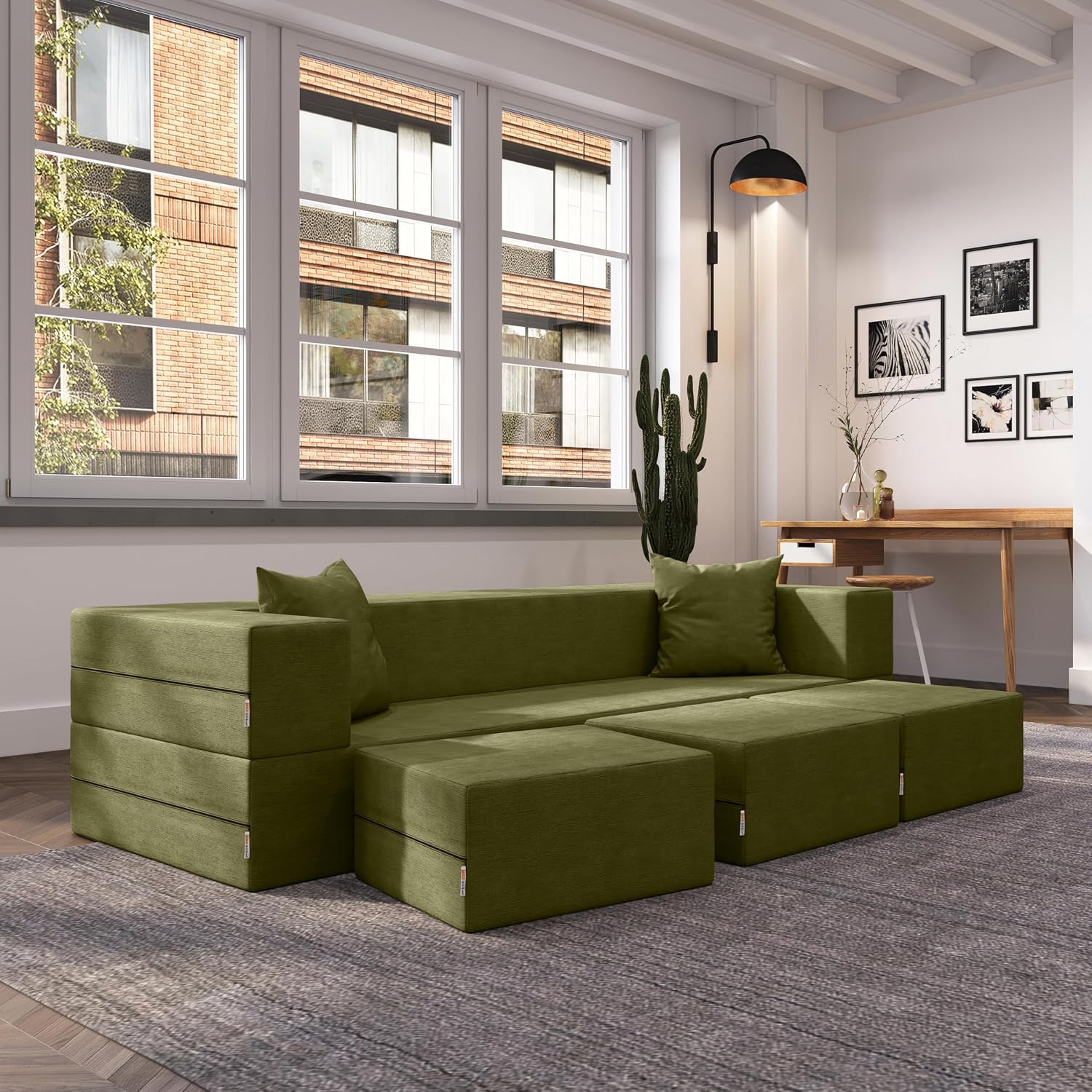 Jaxx Zipline Convertible Sleeper Sofa & Three Ottomans/California King-Size Bed, Moss