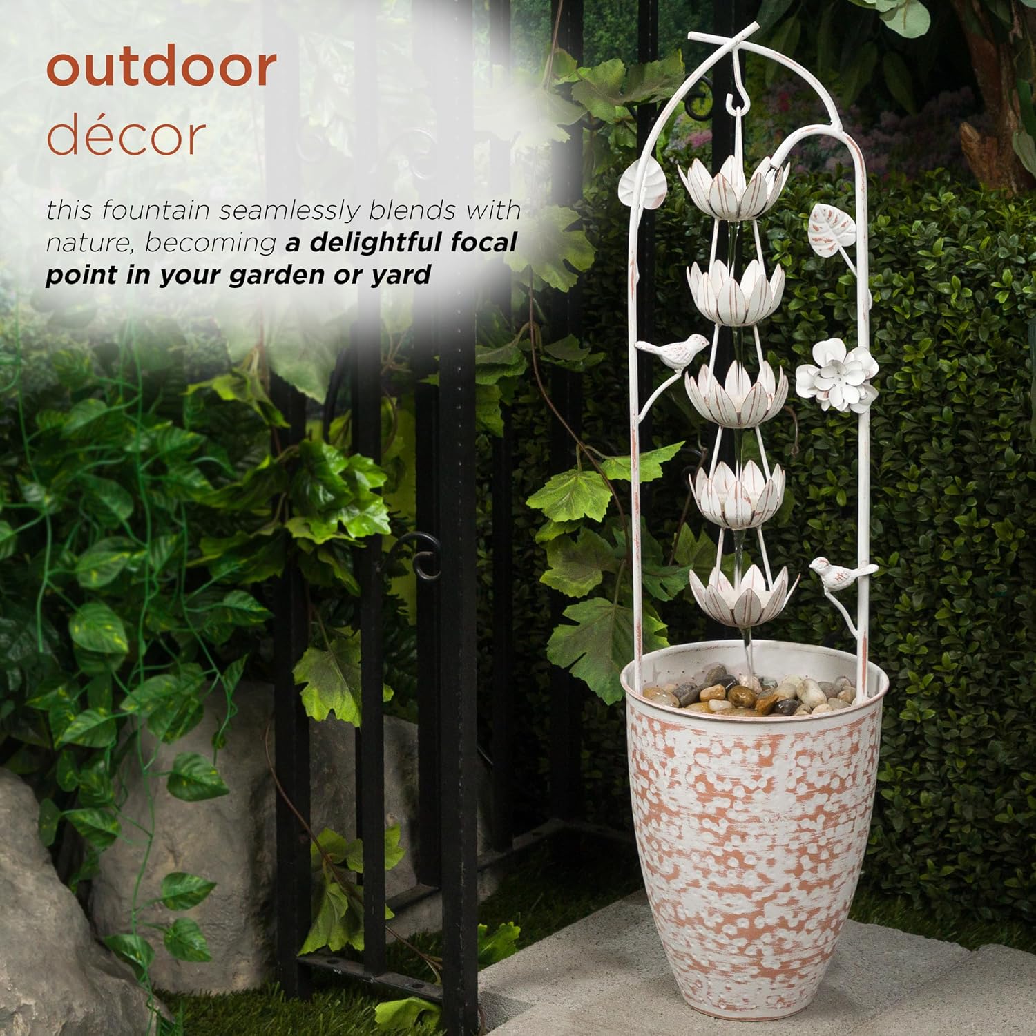 Alpine Corporation 30' Tall Metal Rustic Water Fountain with Decorative Flower, Cascading Waterfall Feature for Gardens, Patios, and Outdoor Decor, White