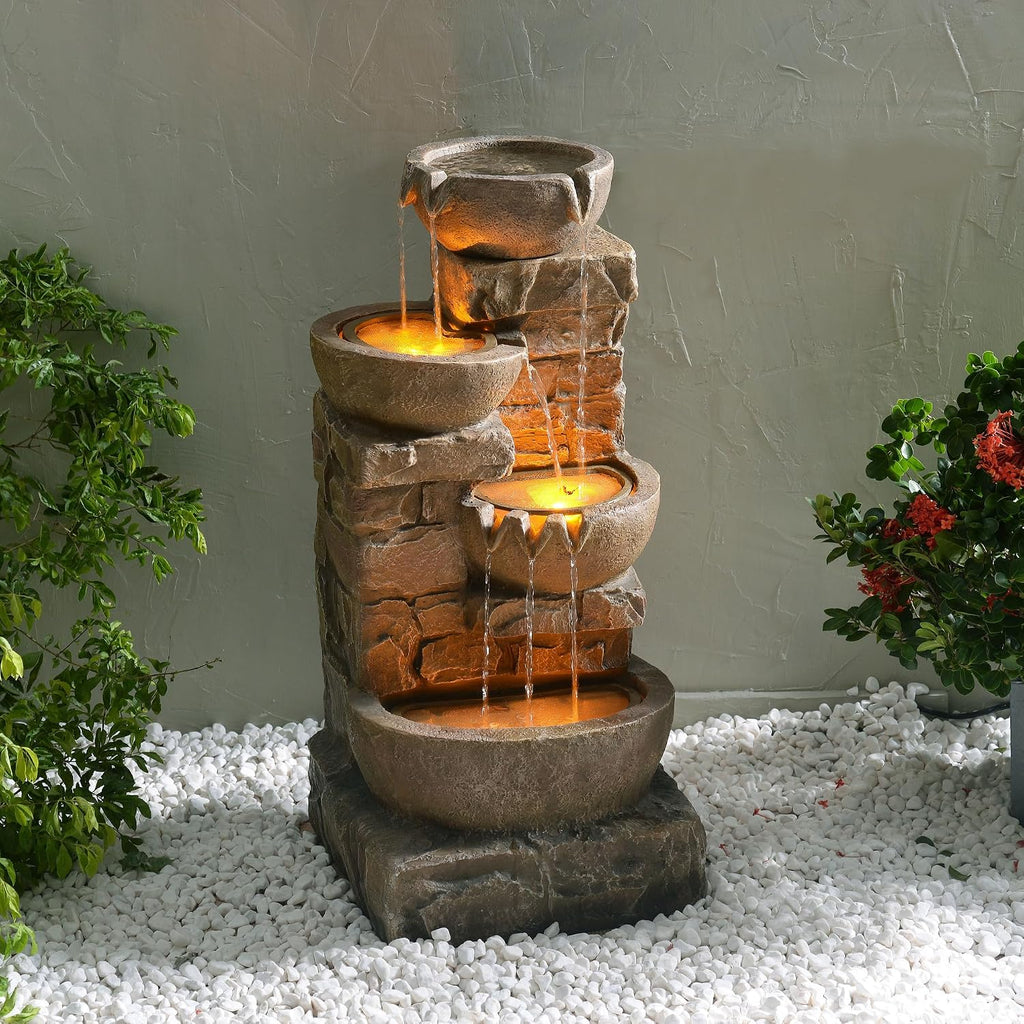 Teamson Home 33.27' Cascading Bowls & Stacked Stones LED Water Fountain for Outdoor Living Spaces, Brown