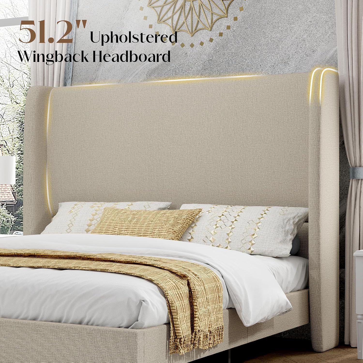PaPaJet Full Size Bed Frame with 51.2' Wingback Headboard,Line Upholstered Platform Bed,Solid Wood Legs,No Box Spring Needed,Noise-Free&Easy Assembly,for Teen Girls, Dorm, Small Bedroom,Light Khaki