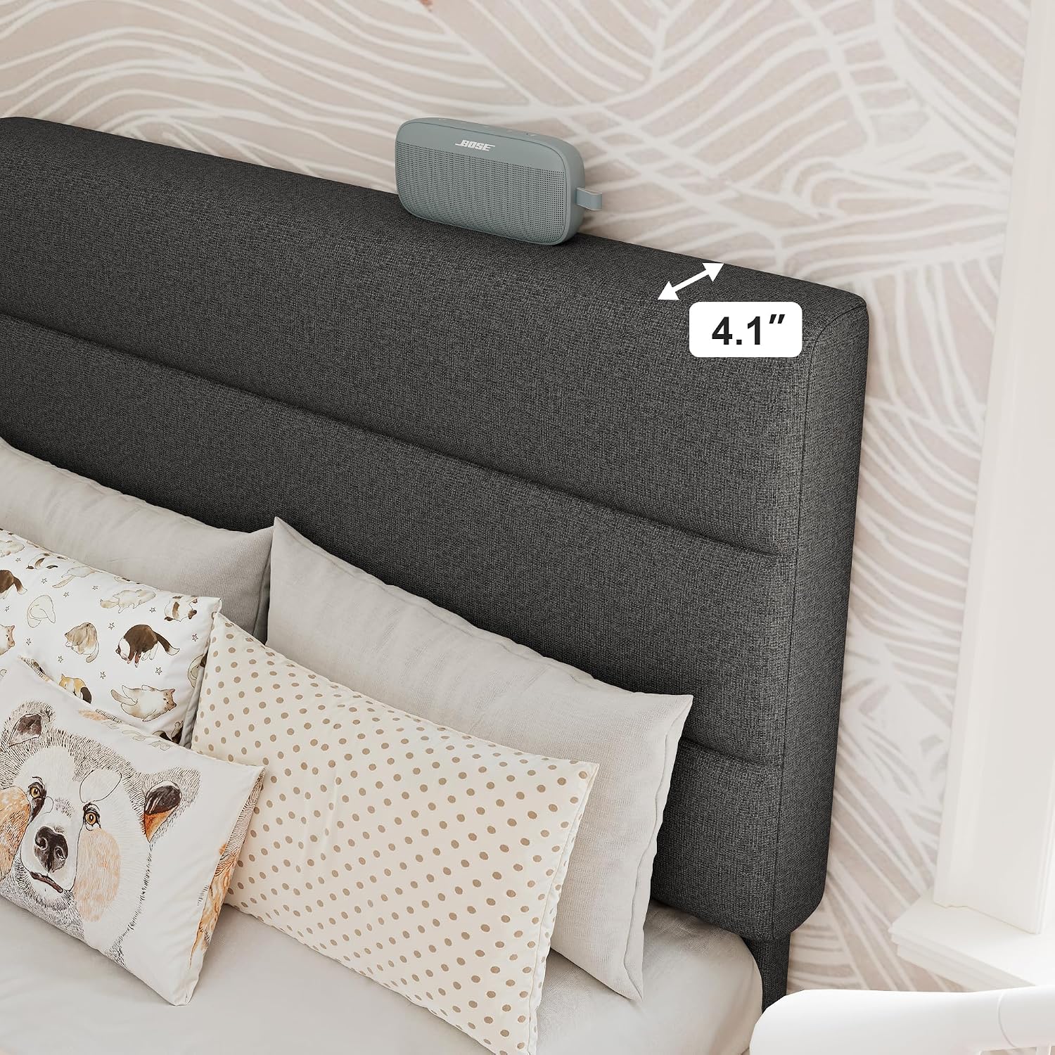GOLDORO Twin Size Platform Bed Frame with Upholstered Headboard, Wooden Slats Support, No Box Spring Needed, Easy Assembly, Dark Grey