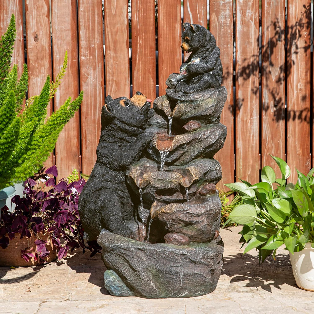 Glitzhome Water Fountain Outdoor, Outdoor Fountain with Lights & Pump, 30.5' H 4-Tiered Mom and Baby Bear Polyresin Cascading Waterfall Floor Standing Water Feature for Garden, Patio, Yard, Deck