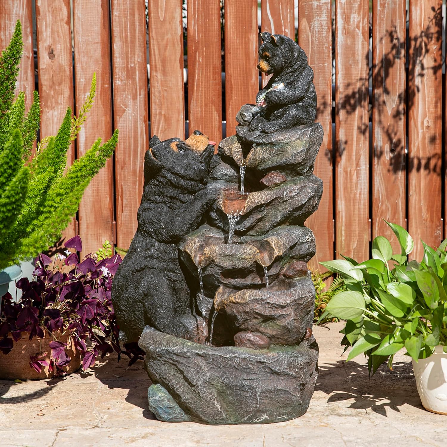 Glitzhome Water Fountain Outdoor, Outdoor Fountain with Lights & Pump, 30.5' H 4-Tiered Mom and Baby Bear Polyresin Cascading Waterfall Floor Standing Water Feature for Garden, Patio, Yard, Deck