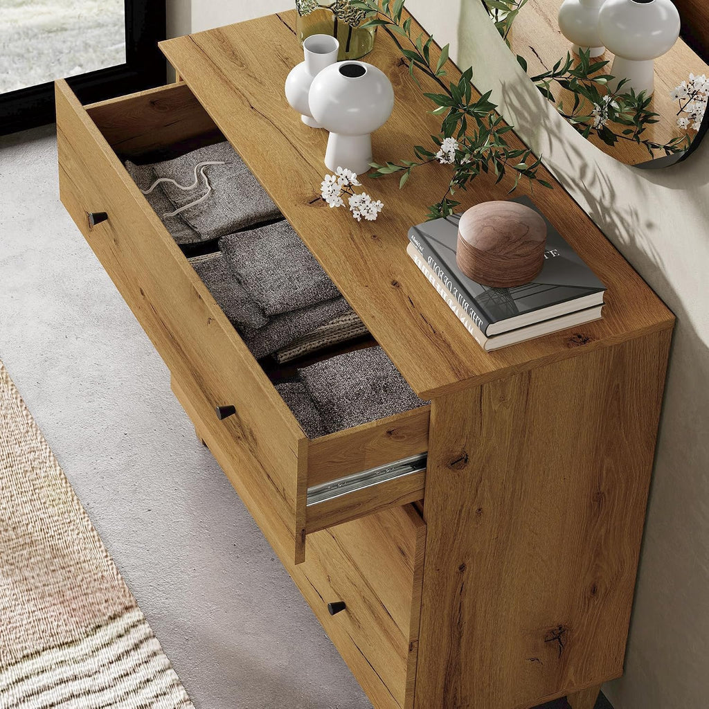 WAMPAT 3-Piece Bedroom Set - Modern Farmhouse Dresser & Nightstands with Charging Station, 6-Drawer Wood Chest & 2 Bedside Tables, Oak Brown Finish, Anti-Tip Safety Design