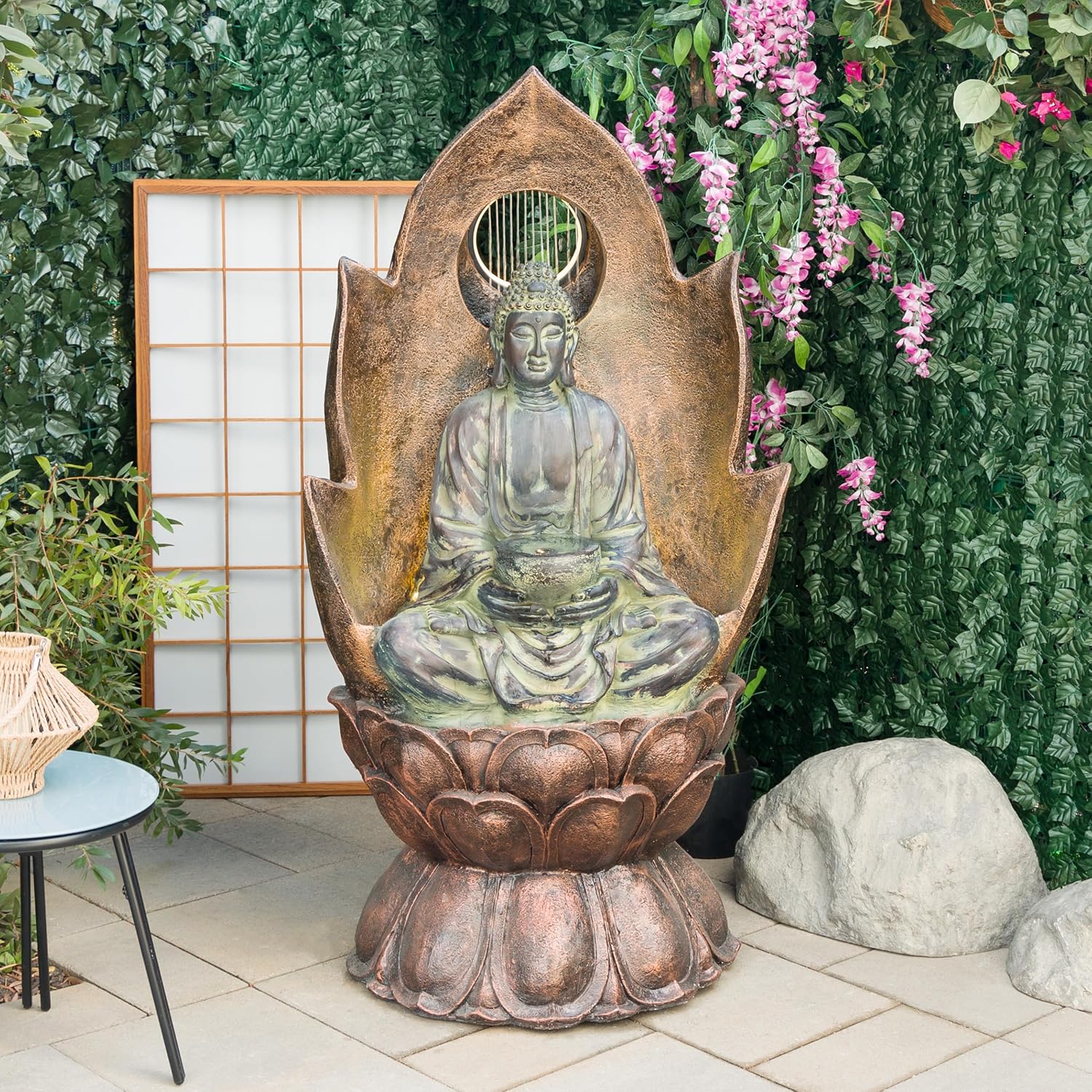 Alpine Corporation 59' Tall Outdoor Buddha Fountain with LED Lights, Elegant Water Feature for Garden, Patio, Yard & Outdoor Spaces, Realistic Stone Look, Calming Waterfall for Relaxation, Brown