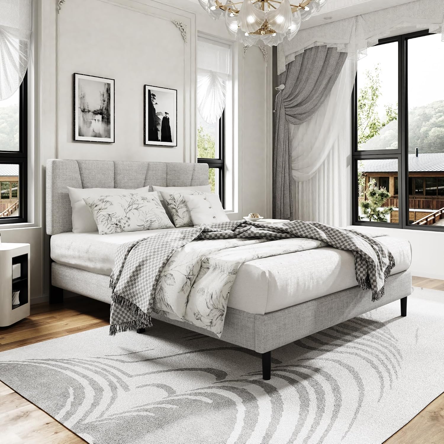 Sismplly Full Size Platform Bed Frame with Upholstered Headboard, Wooden Slats Support, Noise Free, No Box Spring Needed, Easy Assembly, Light Grey, Linen