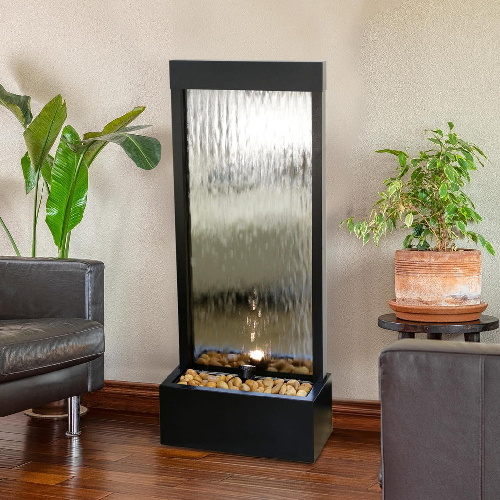 Alpine Corporation - Mirror Waterfall Fountain with Stones & Lights - Zen Indoor/Outdoor Decor for Office, Living Room, Patio, Entryway - 48 Inches (Silver)
